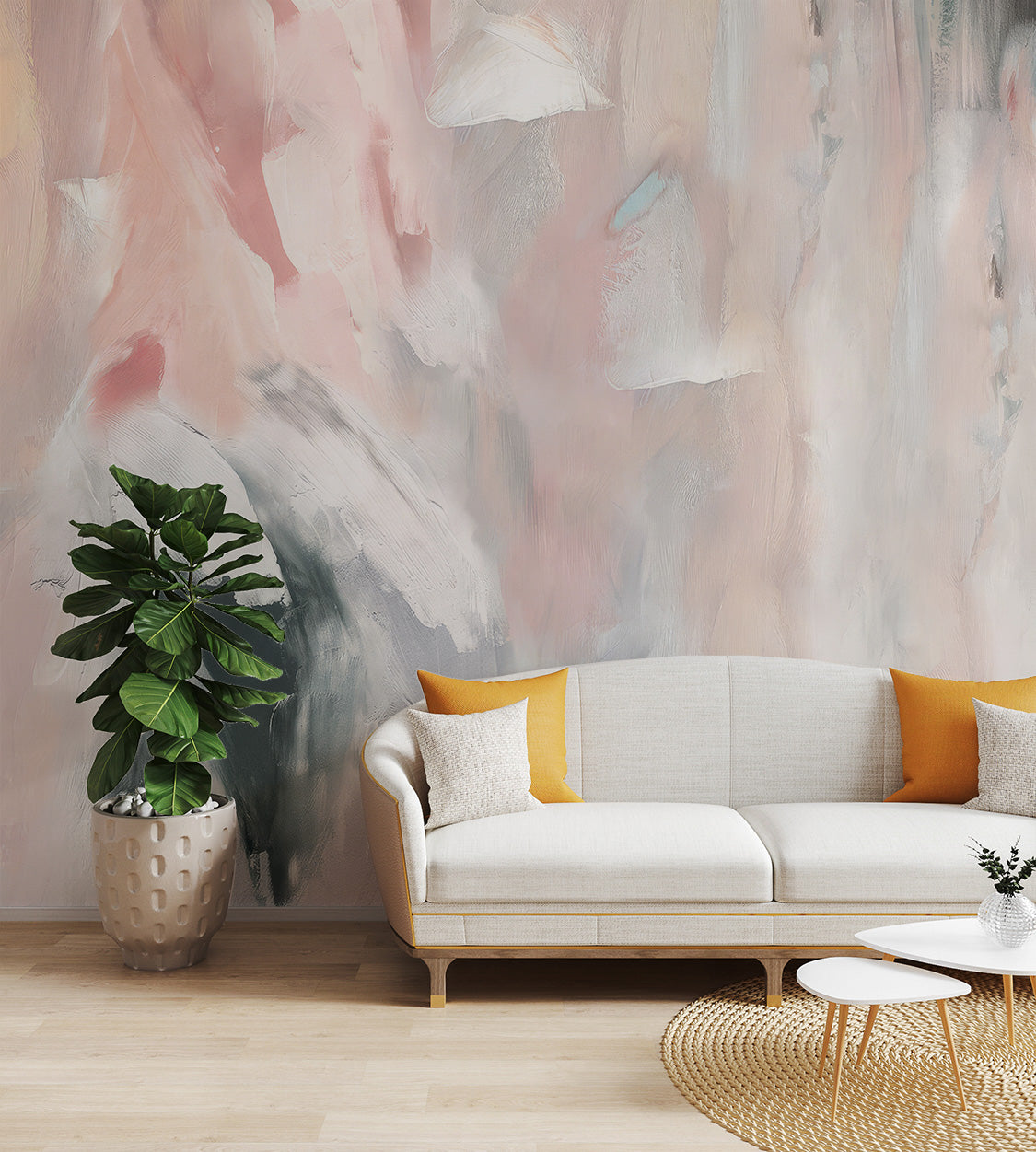 Elegant abstract mural with textured brushstrokes in neutral beige and blush shades.