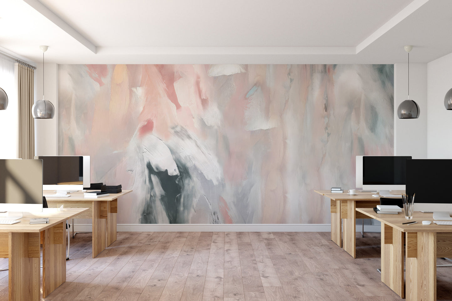 Abstract wallpaper mural with pastel brushstrokes blending white, pink, and beige tones.