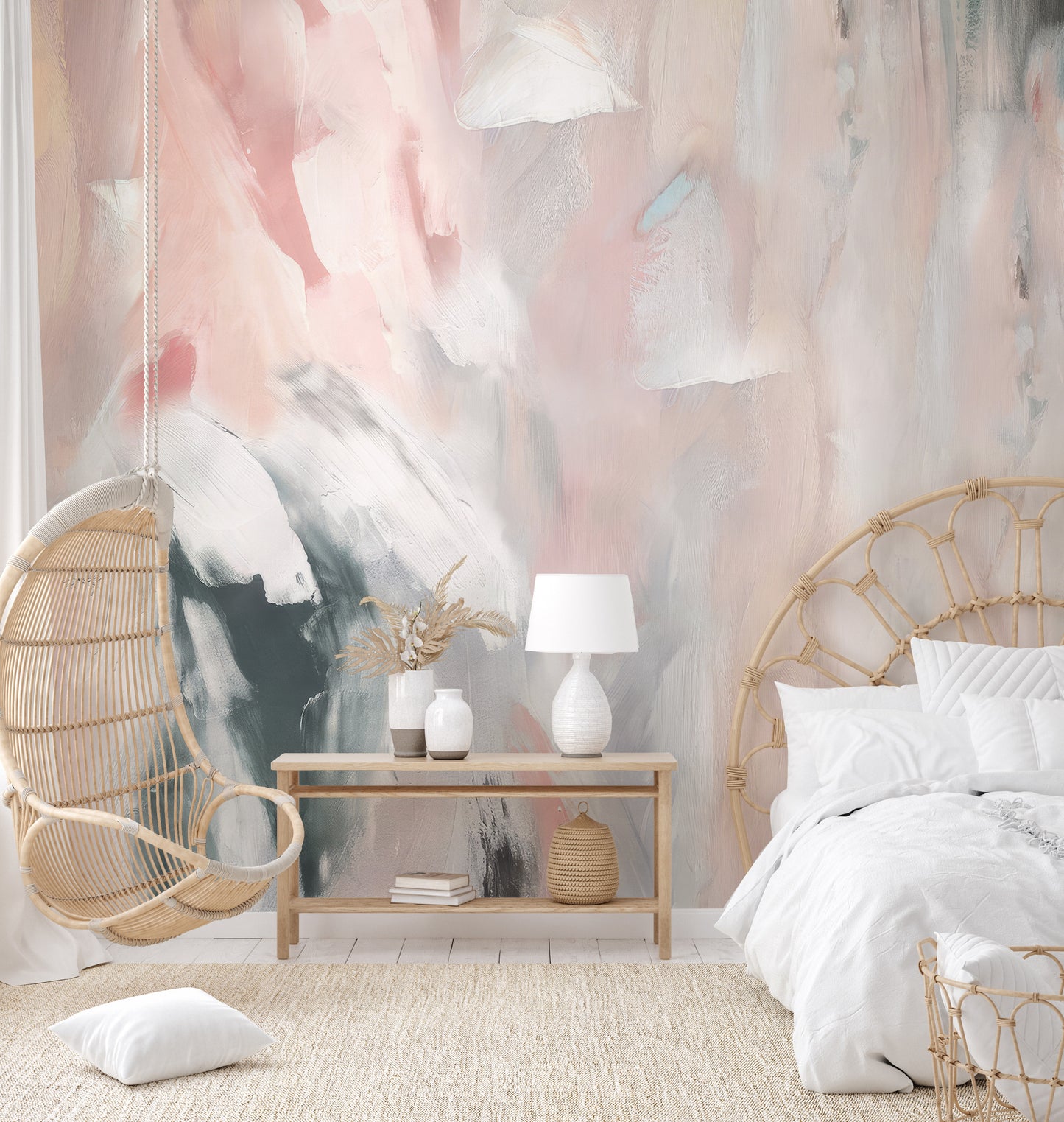 Fluid brushstroke design blending light tones of pink, white, and soft gray hues.