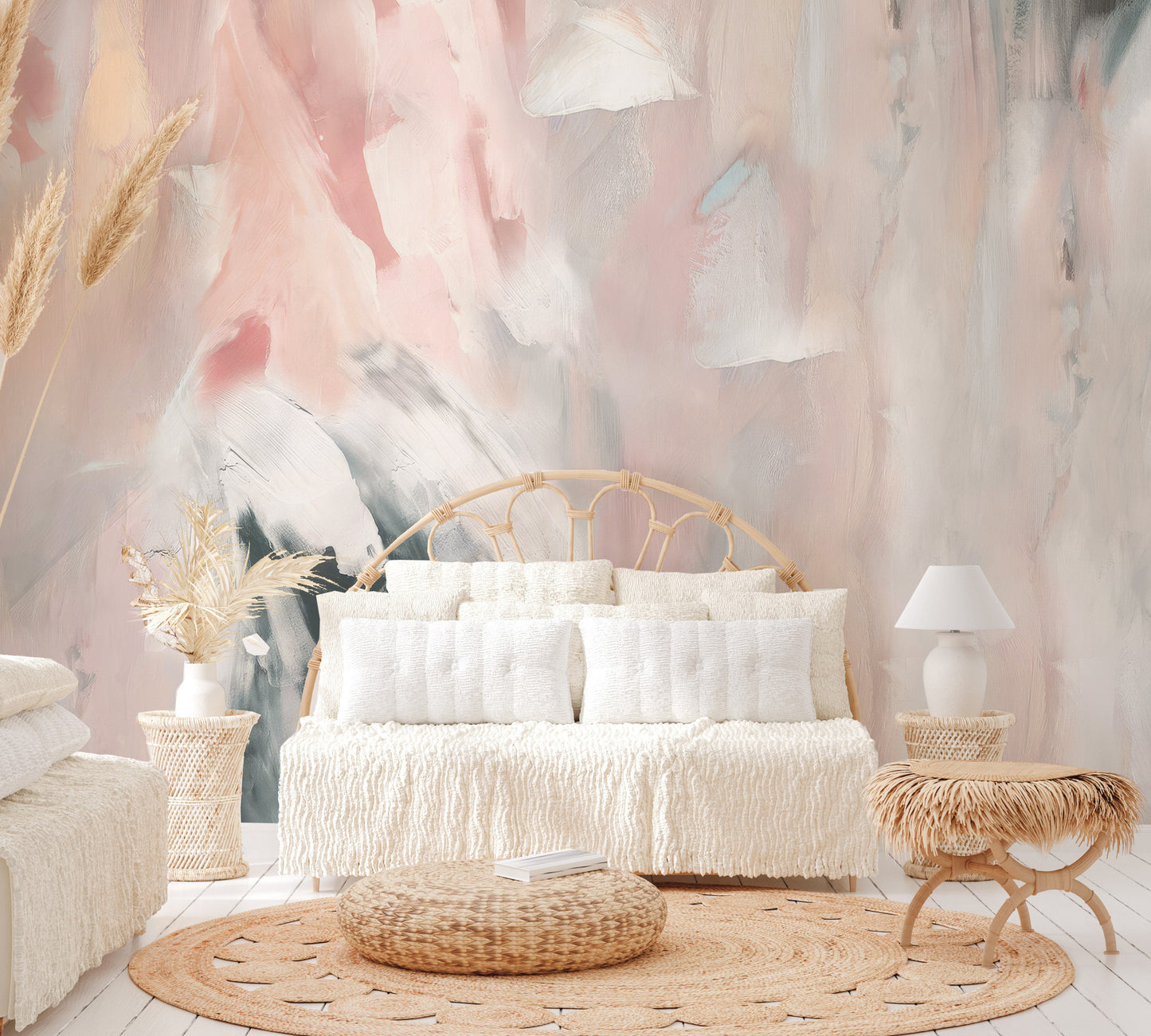 Neutral abstract wallpaper with artistic pastel brushstrokes of beige, peach, and ivory.