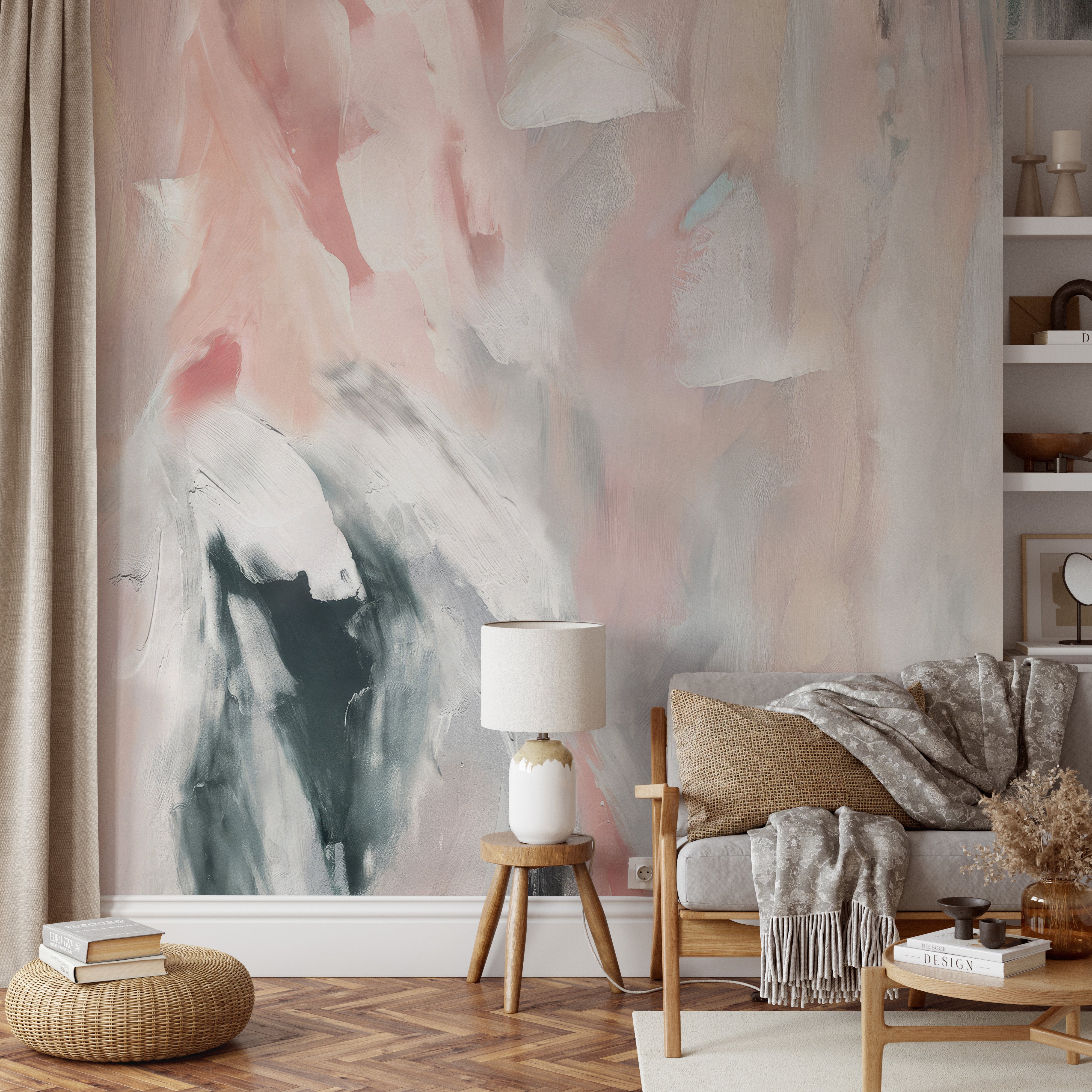 Abstract mural with flowing brush textures in light pink, beige, and gray tones.