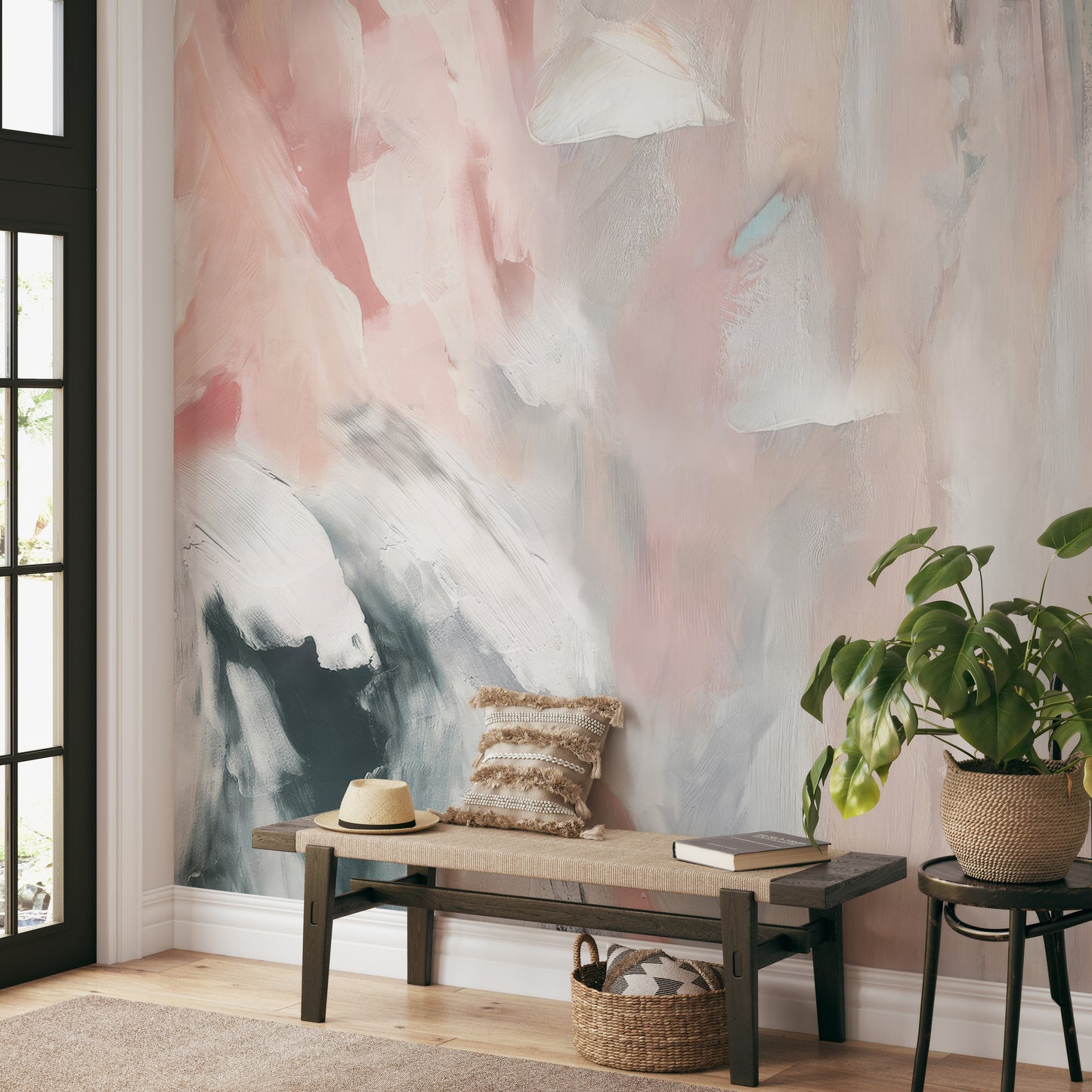 Gentle brushstroke patterns in soft neutral colors with pastel hues on wallpaper.