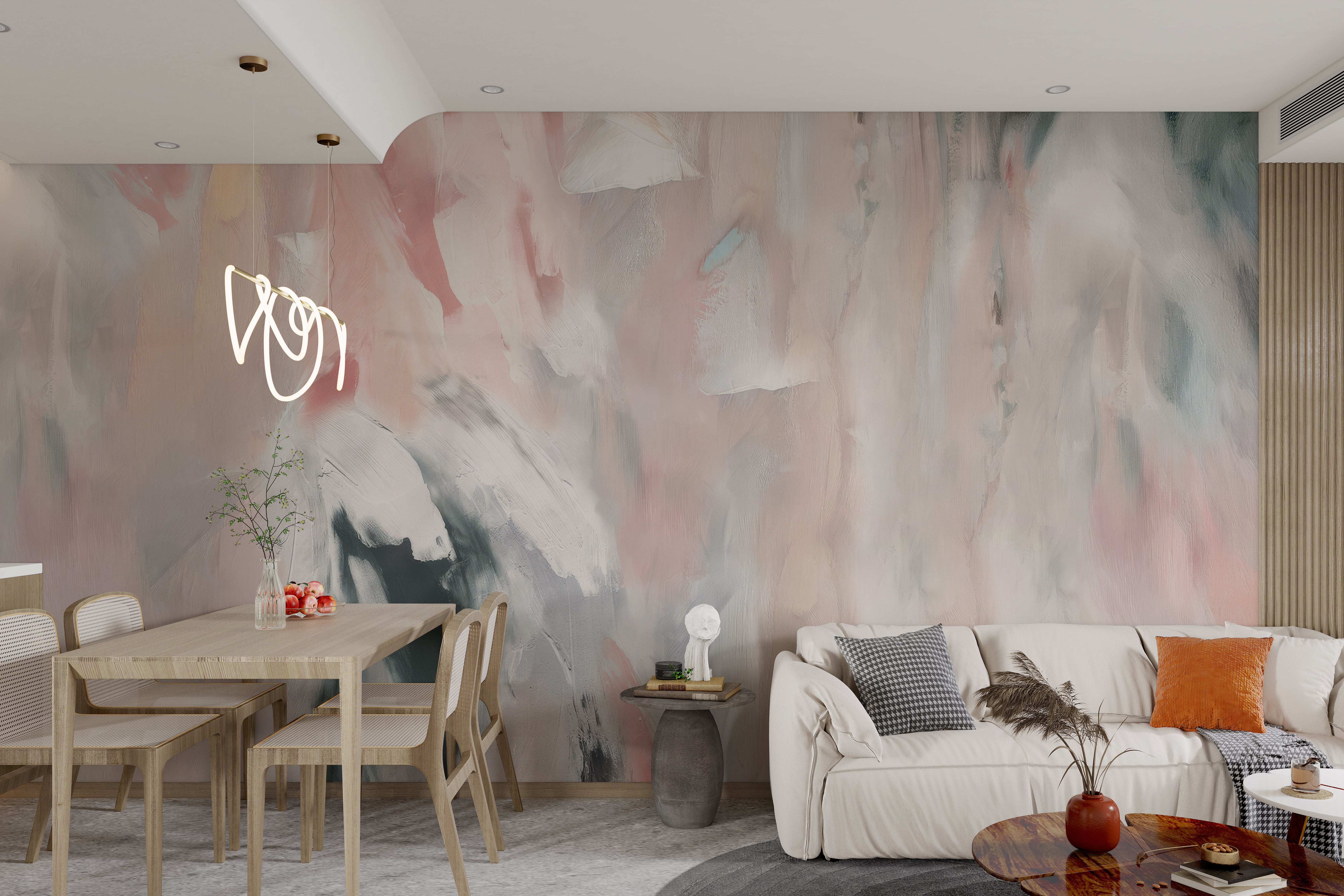 Artistic wallpaper featuring brushstroke textures in soft pastel tones of pink and gray.