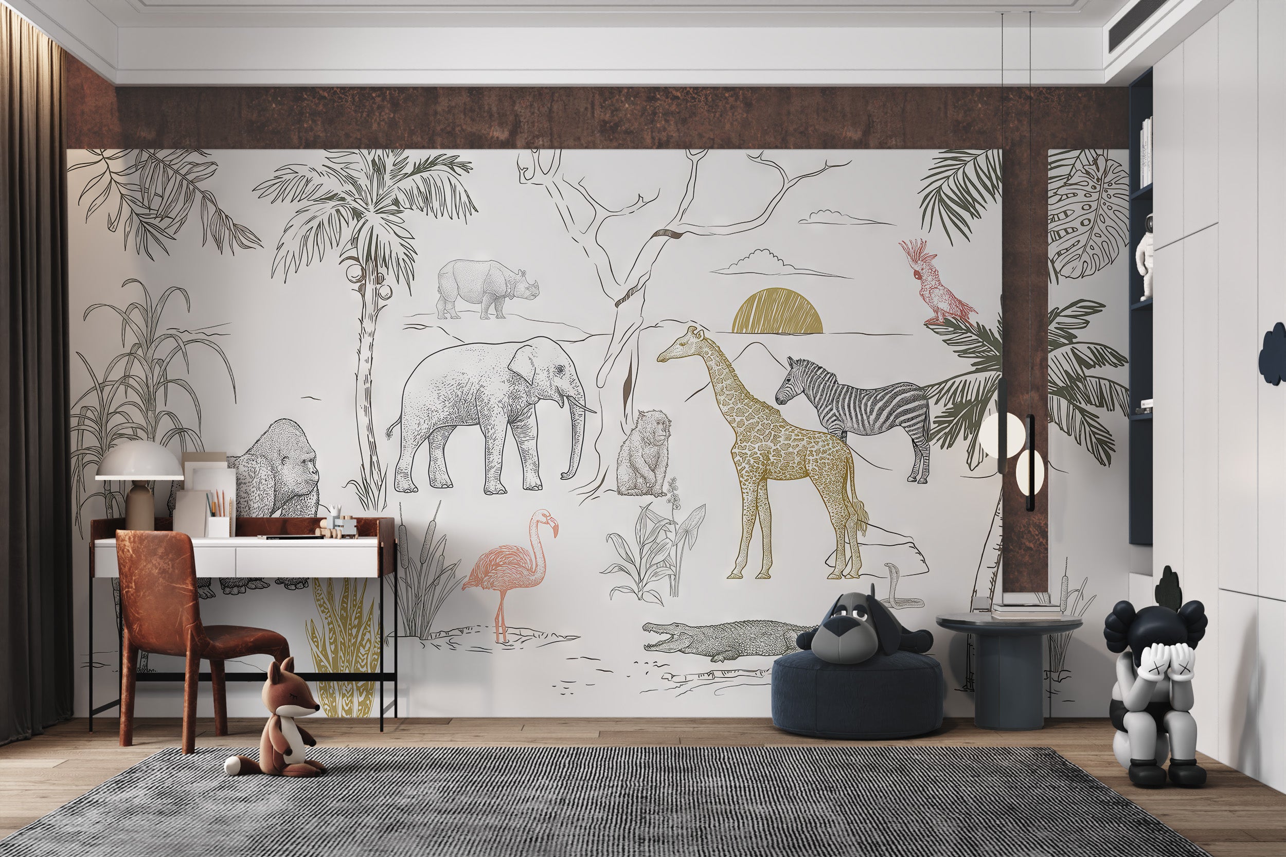 Jungle safari wallpaper featuring elephants, giraffes, zebras, and palm trees.