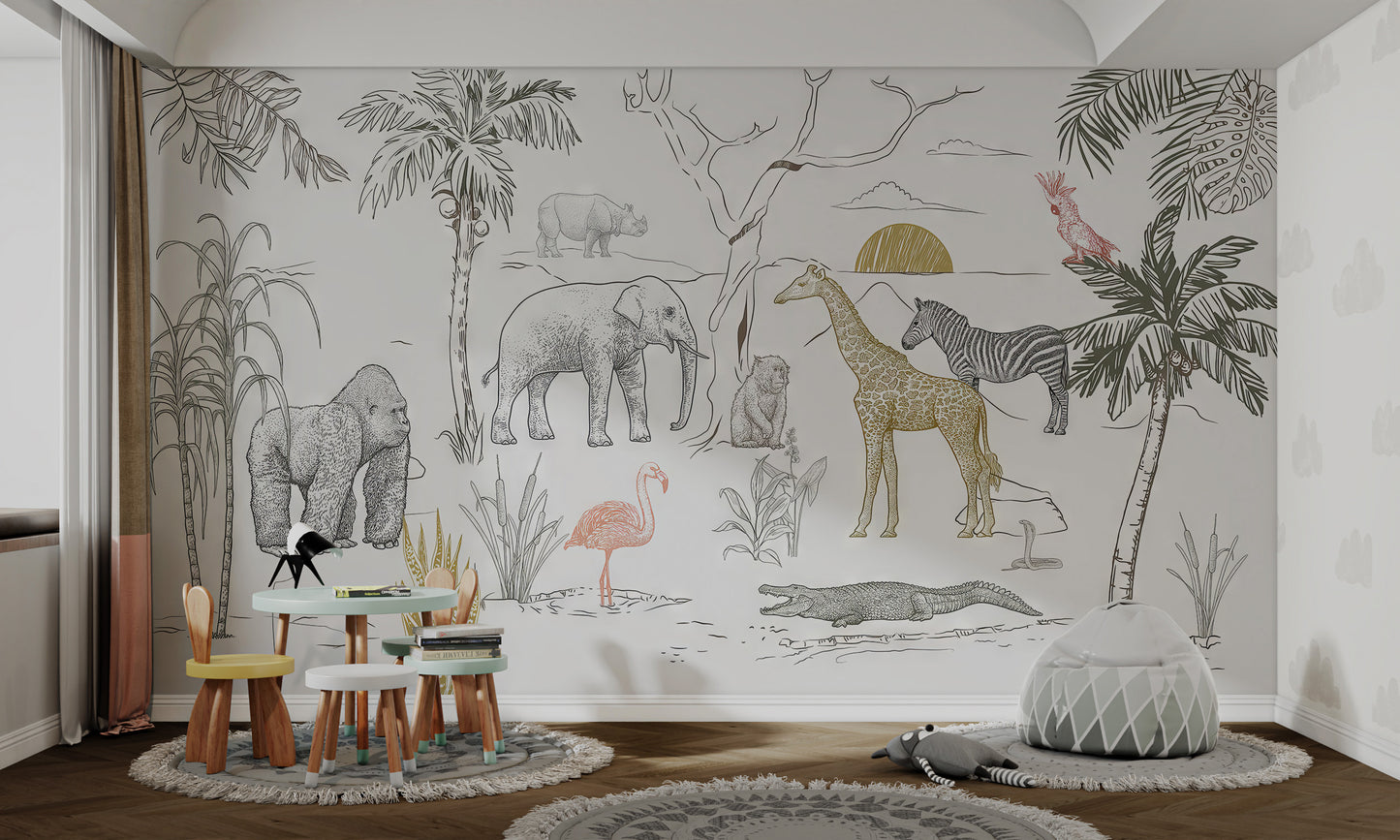 Safari animals mural with a gorilla, flamingo, and crocodile amidst tropical plants.