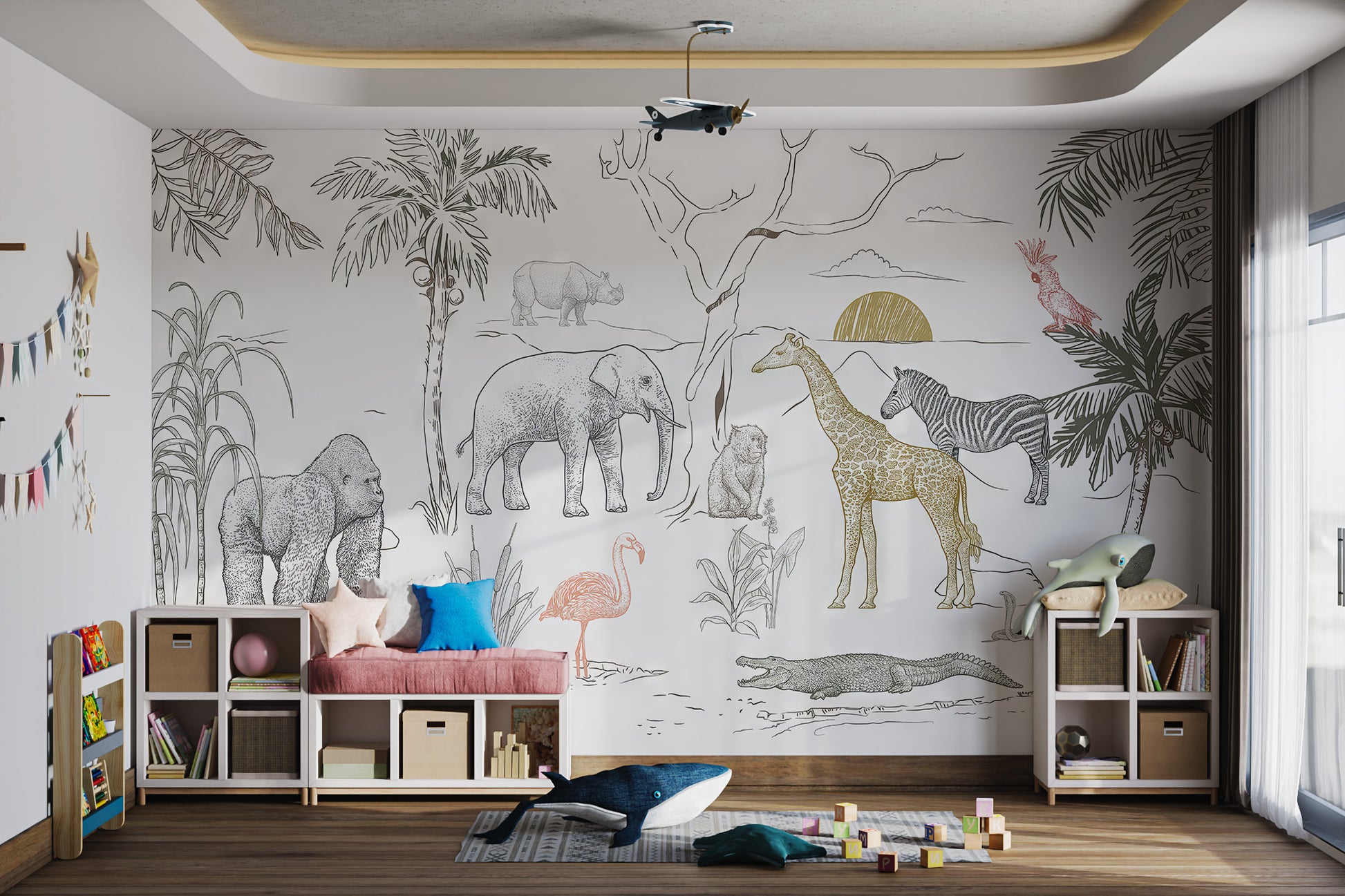 Hand-drawn safari animals with an elephant, zebra, and crocodile in a jungle setting.