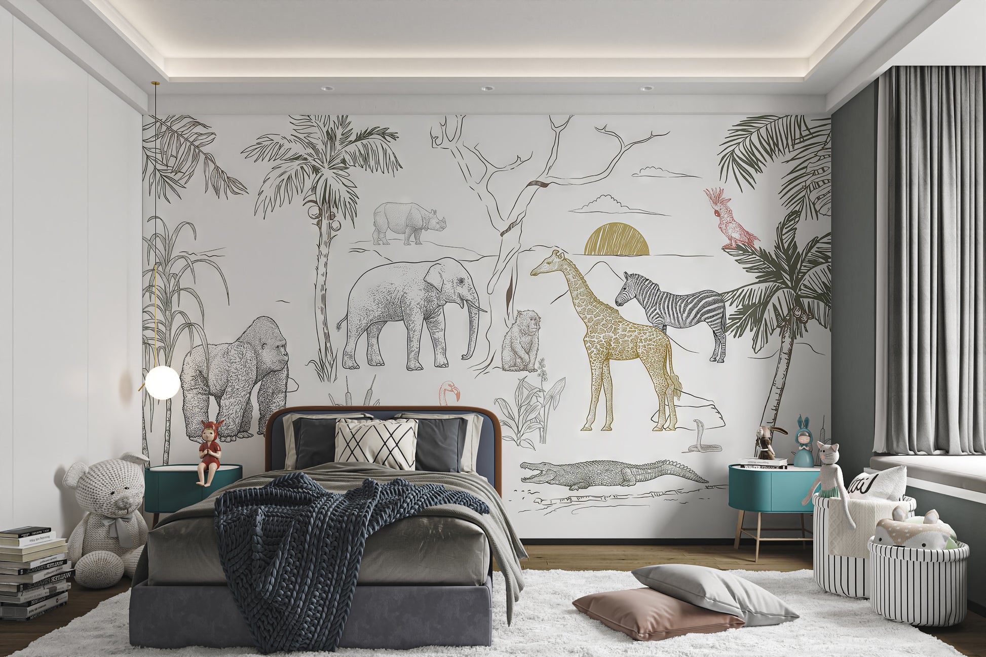 Illustrated tropical mural showcasing a giraffe, zebra, and palm trees.