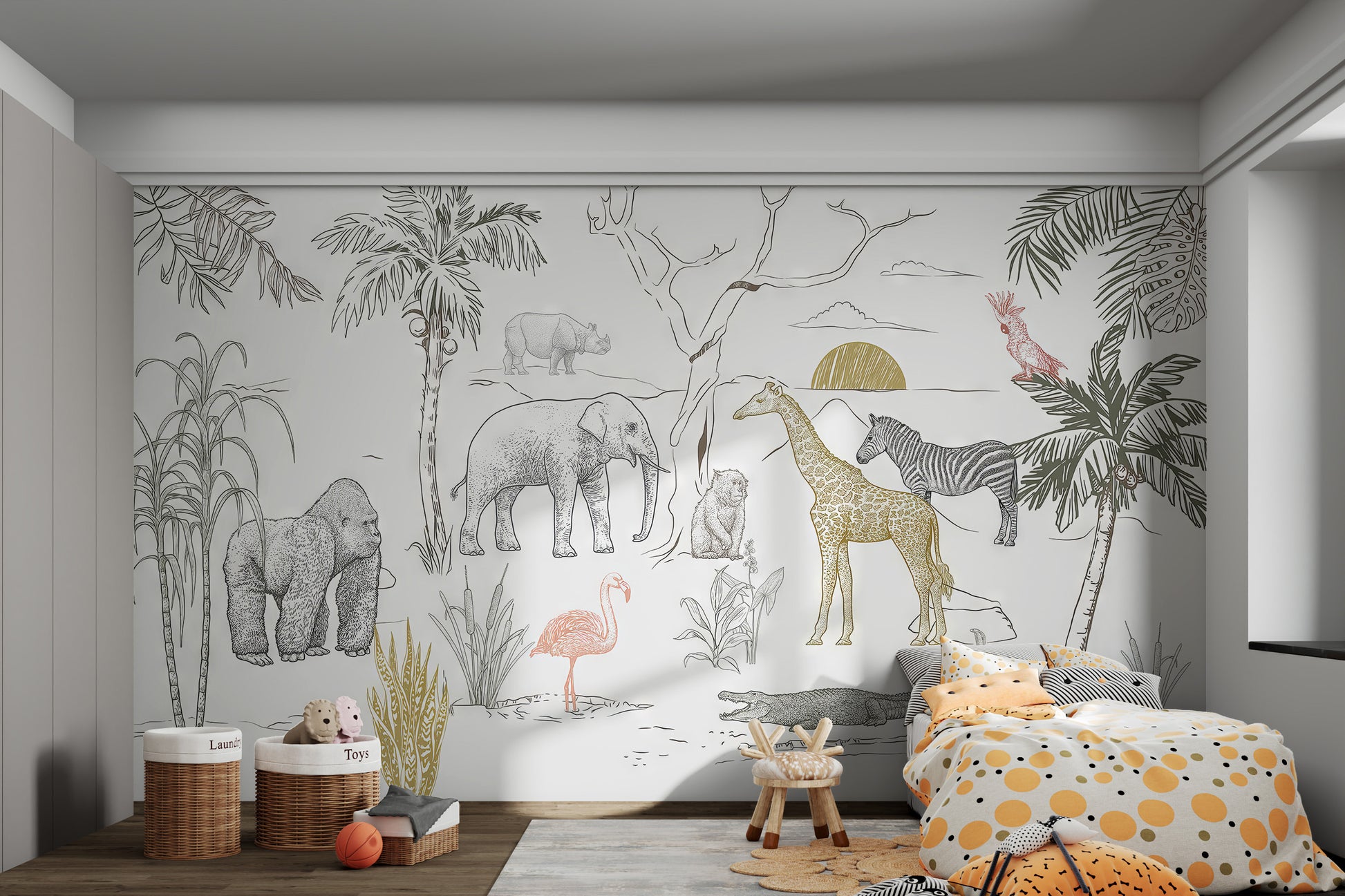 Jungle wallpaper mural with a sunset behind giraffes and elephants.