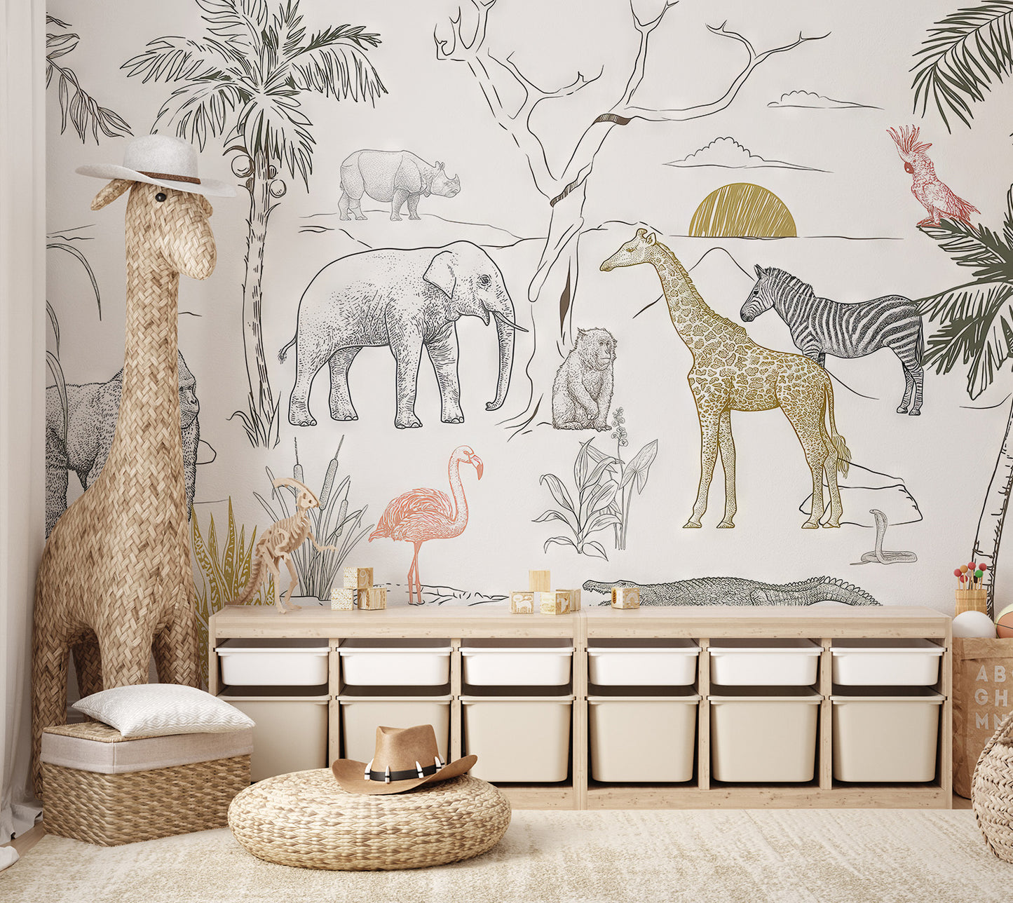 Exotic jungle scene featuring flamingos, zebras, and elephants in a whimsical style.