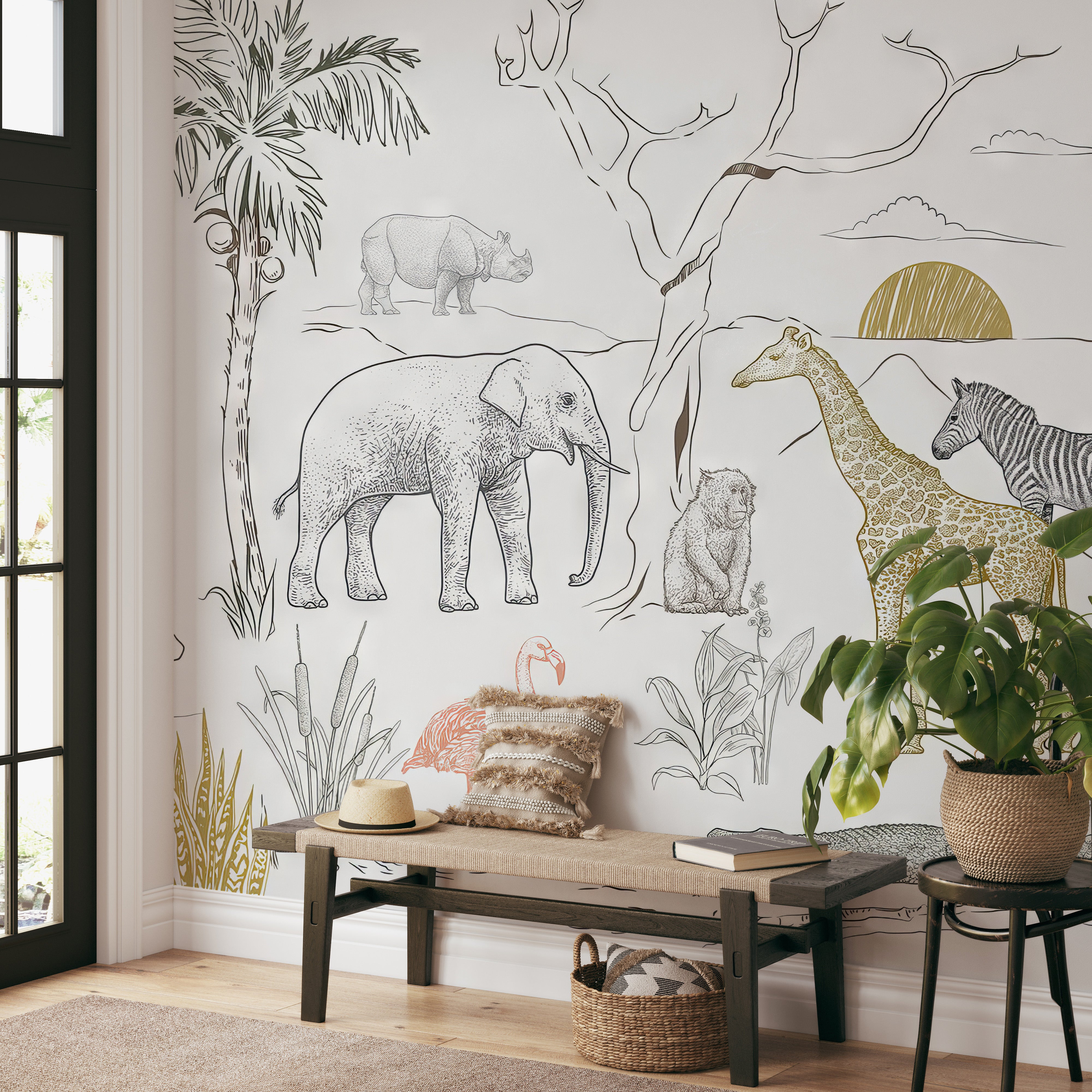 Jungle safari wallpaper featuring a flamingo, koala, and gorilla among foliage.