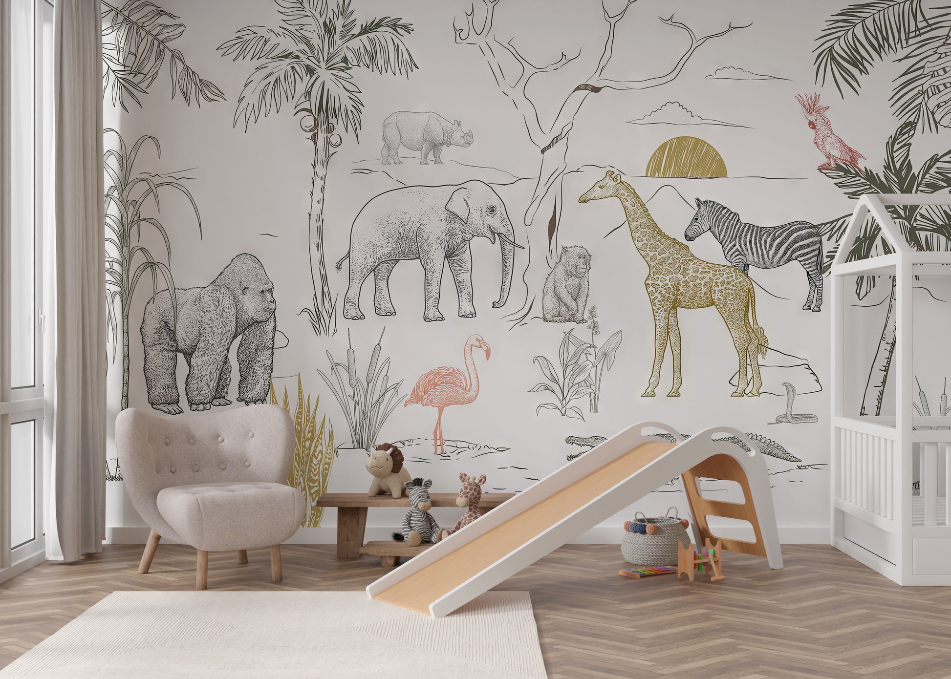 Hand-drawn jungle animals mural with a zebra, crocodile, and tropical plants.