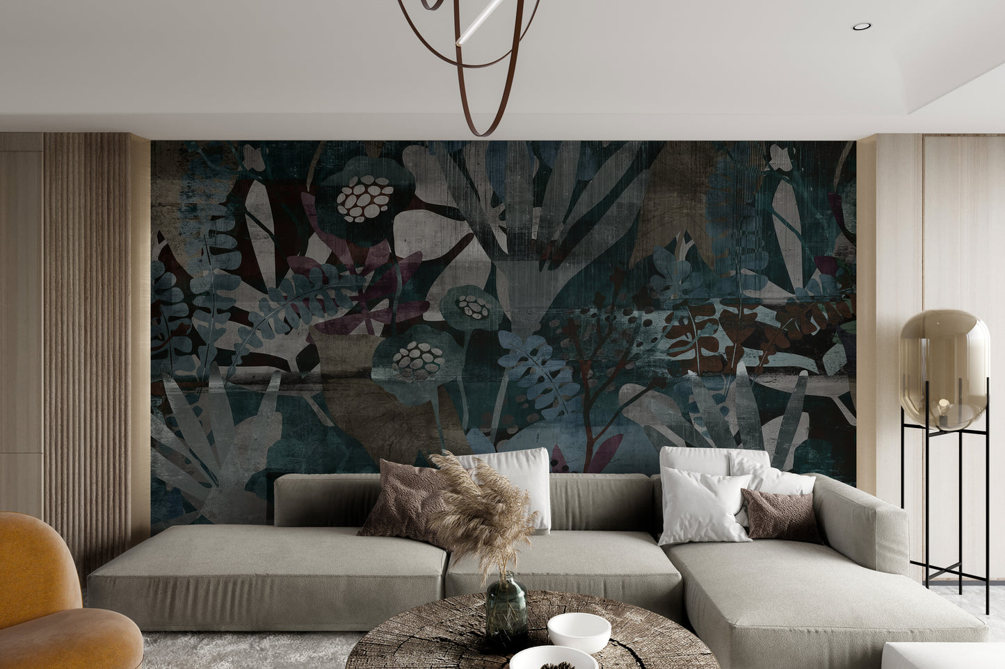 Abstract leaf wallpaper with earthy tones and artistic plant patterns.