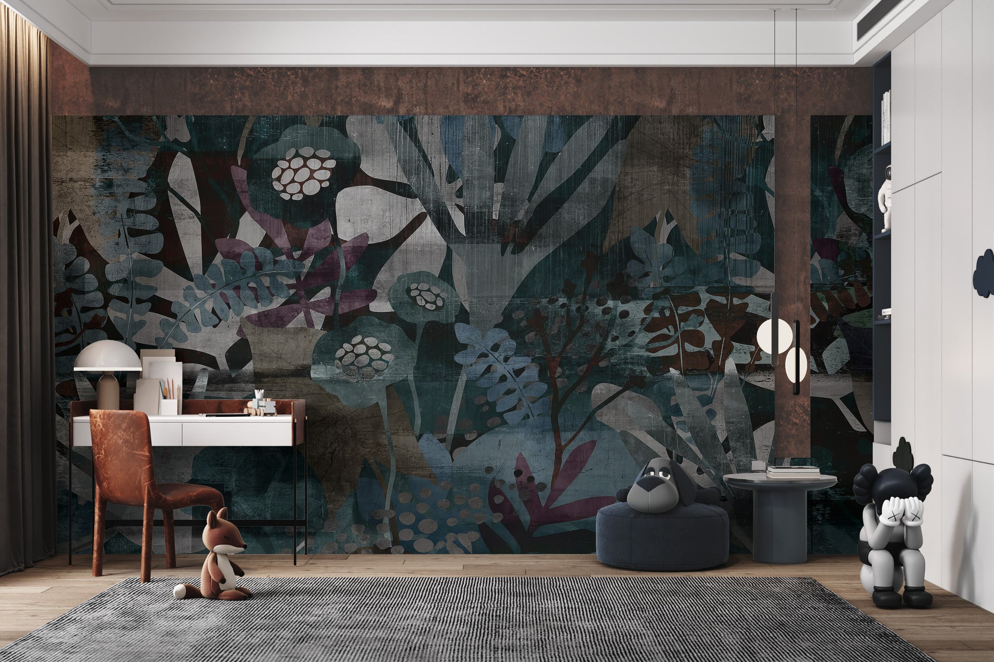 Stylish botanical mural with large leaves and flowers on a textured dark surface.