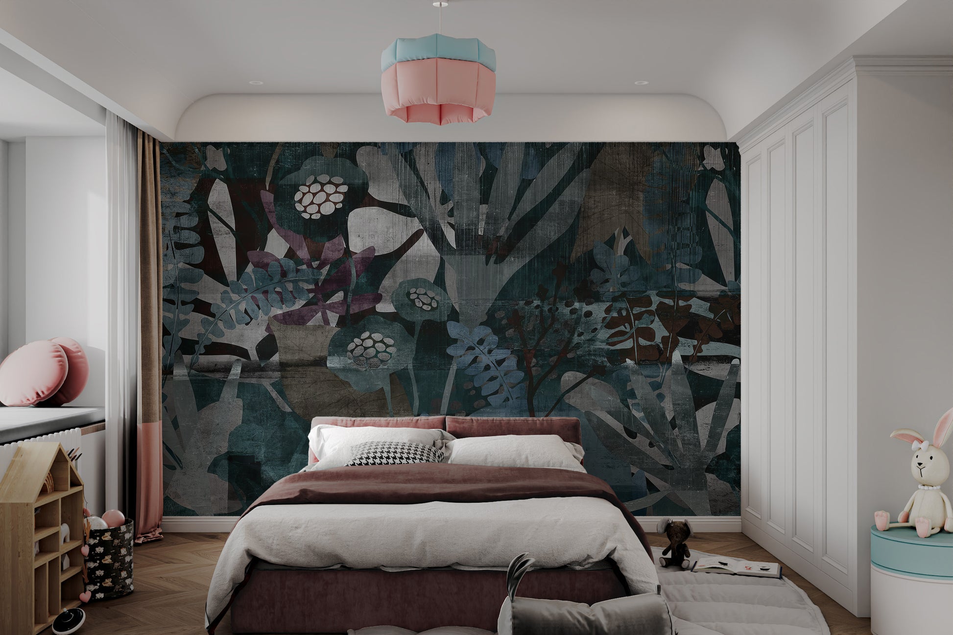 Modern abstract foliage mural with muted green, gray, and maroon botanical elements.