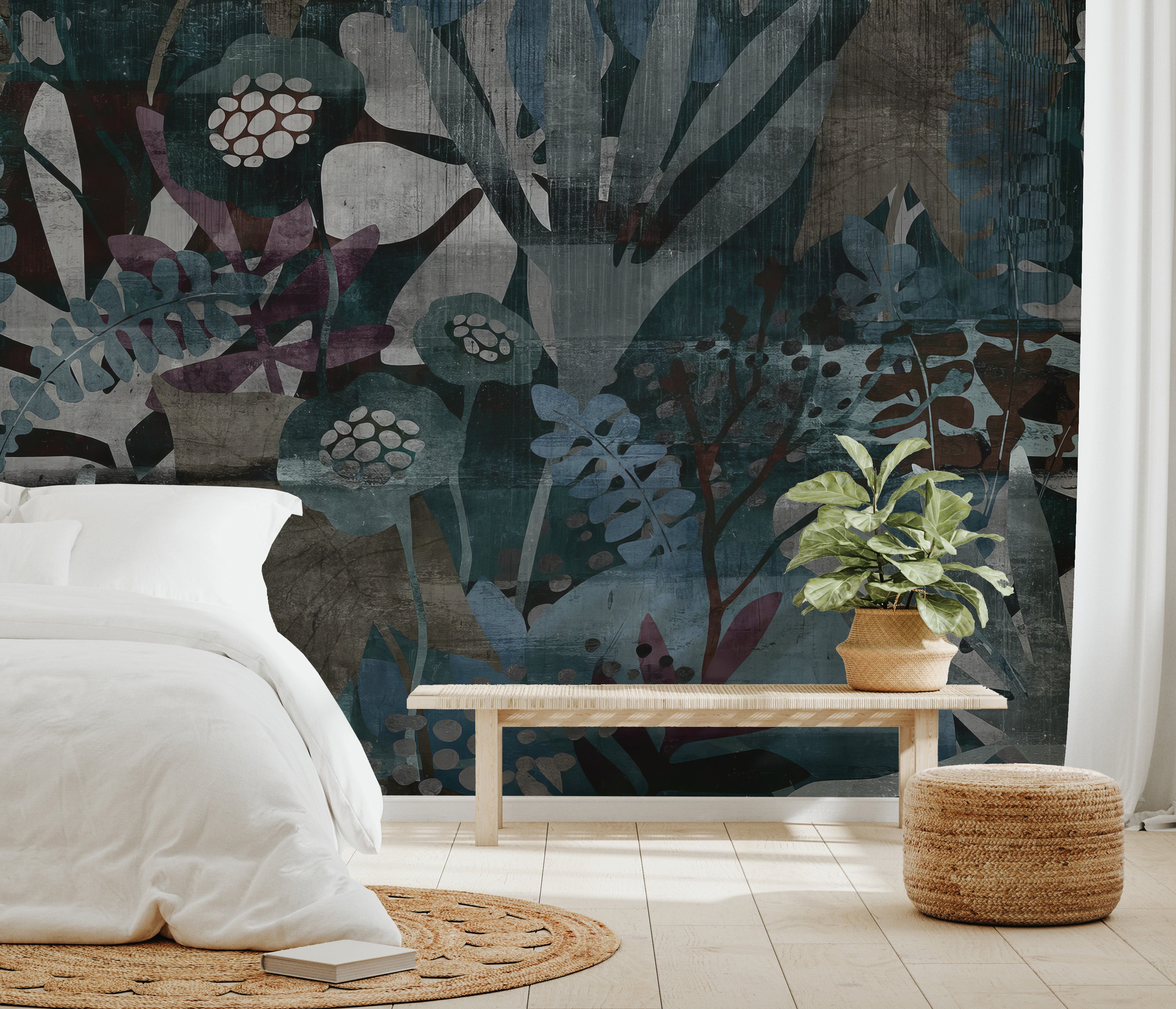 Abstract botanical mural with layered leaves in dark green, purple, and muted tones.