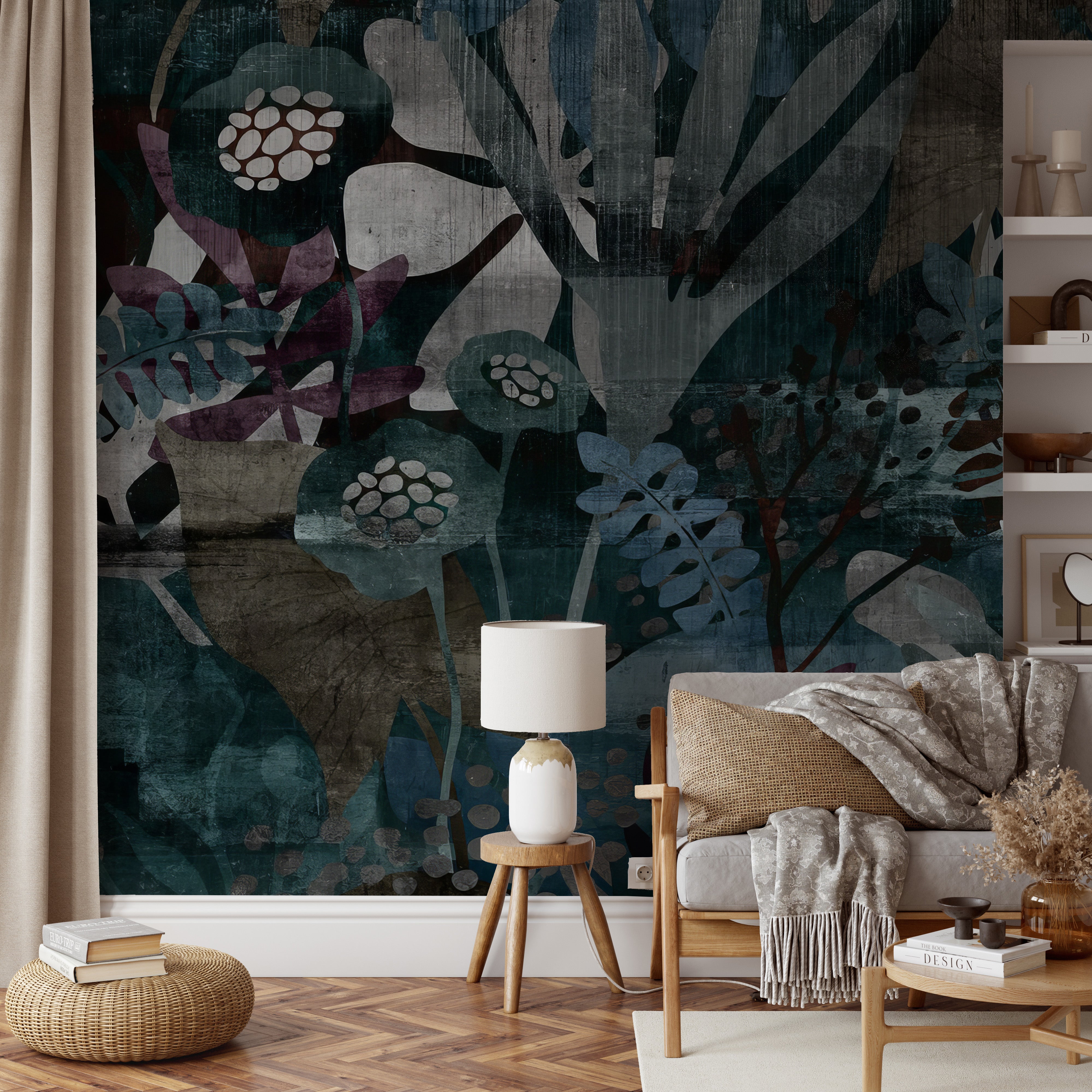 Contemporary botanical wallpaper with layered leaves in green, purple, and brown shades.