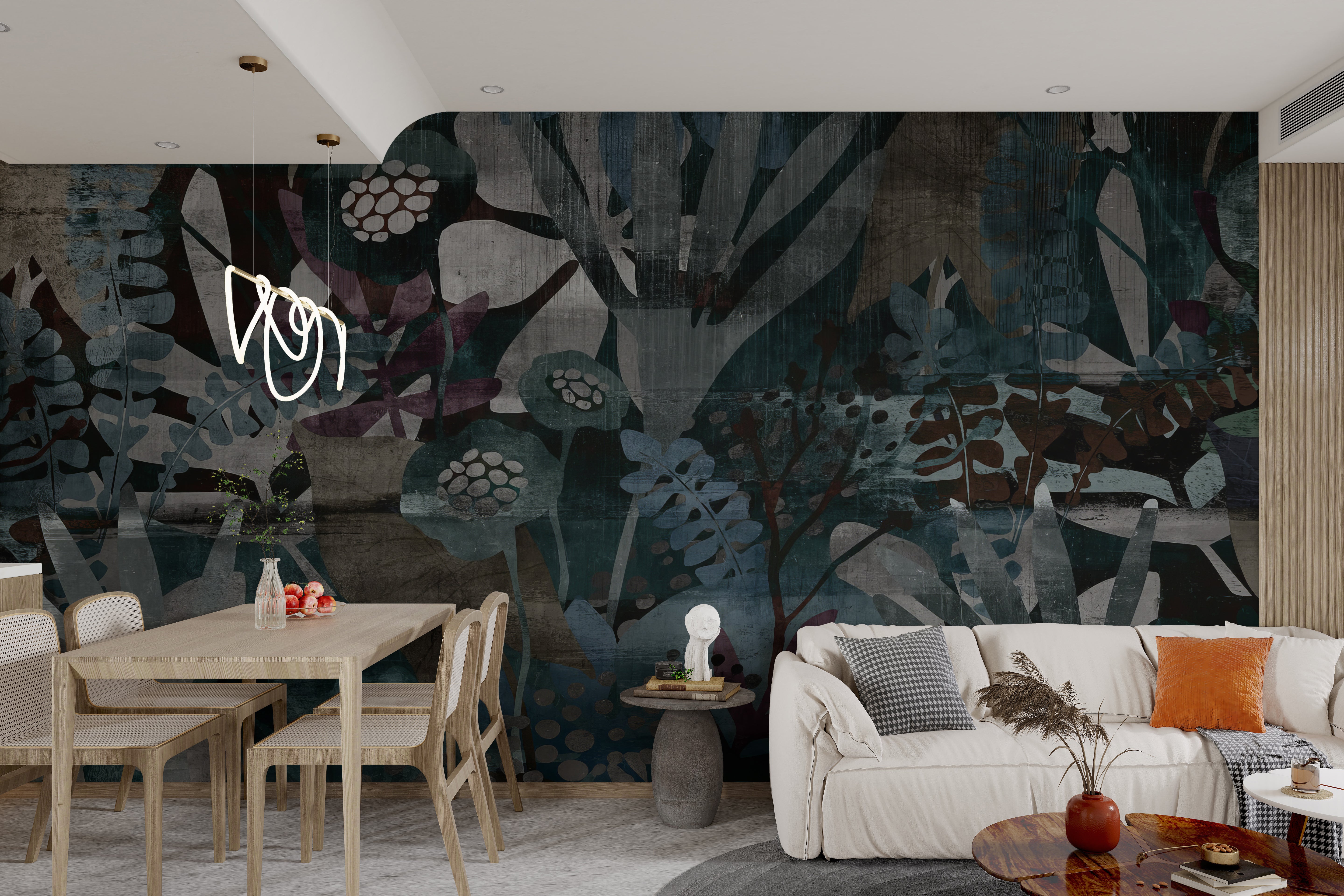 Abstract nature-inspired mural with overlapping leaves and plants in muted hues.