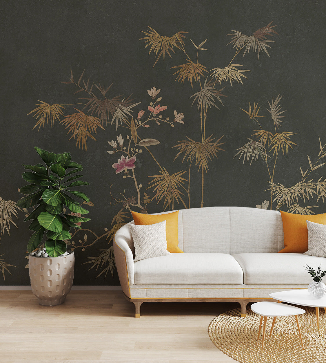 Golden Bamboo Flower Wall Mural