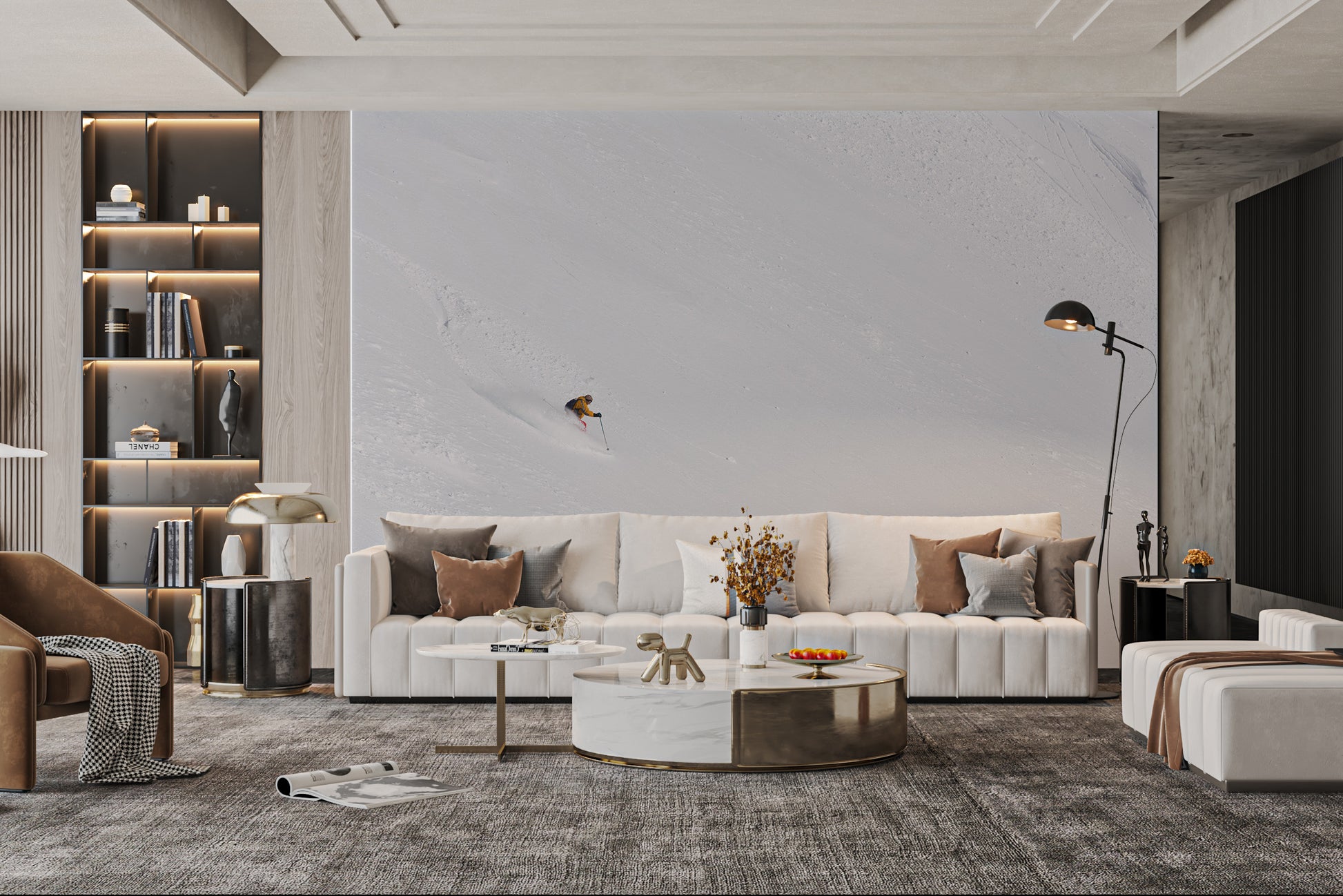 Skiing in deep powder snow wall mural
