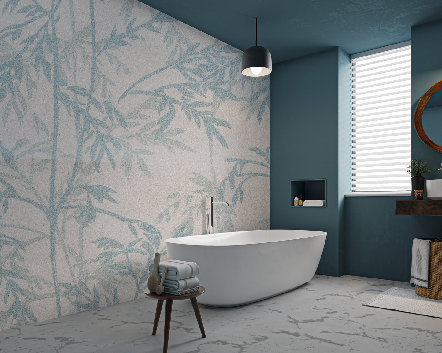 Stylish blue botanical vine mural
