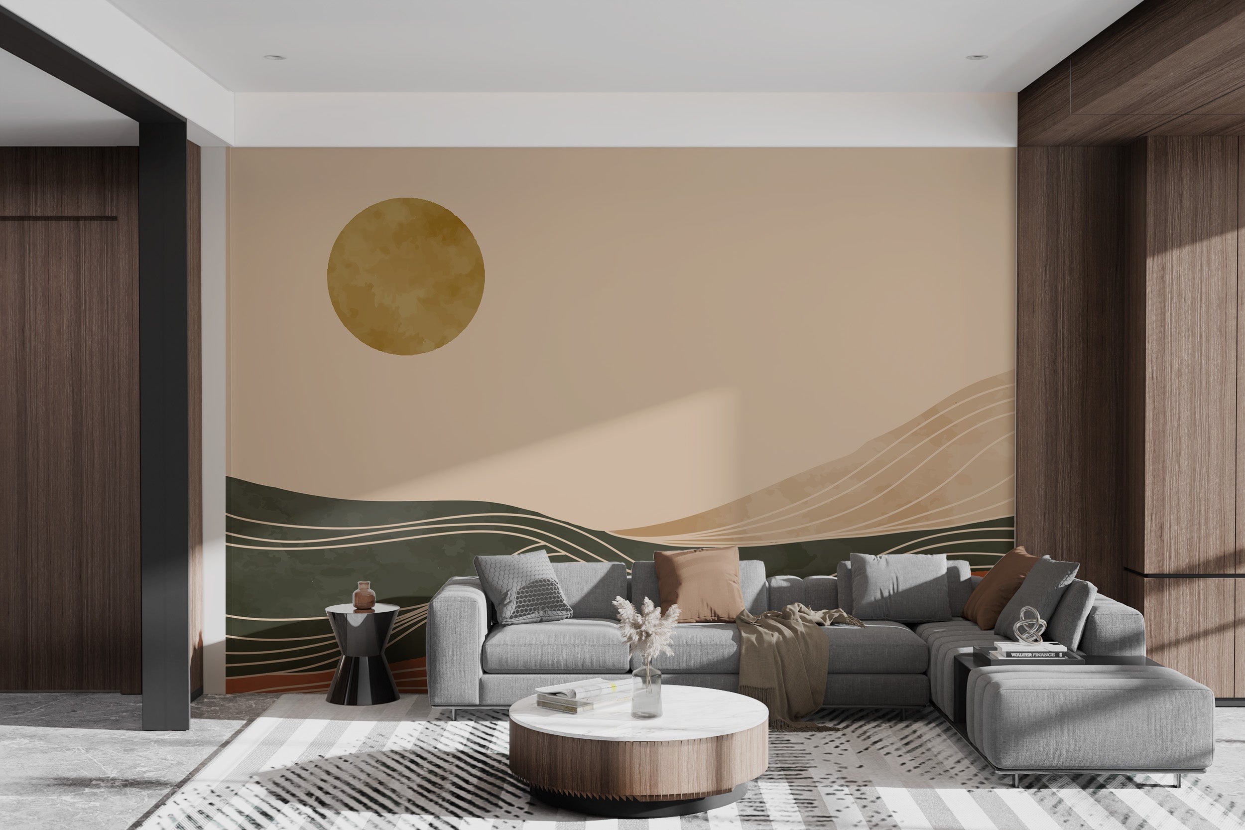 Olive green and terracotta landscape mural
