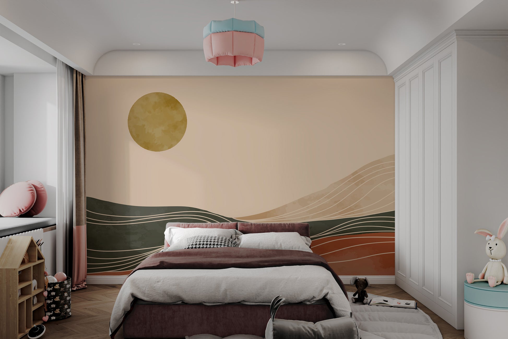 Nature-inspired sunrise mural with rolling hills
