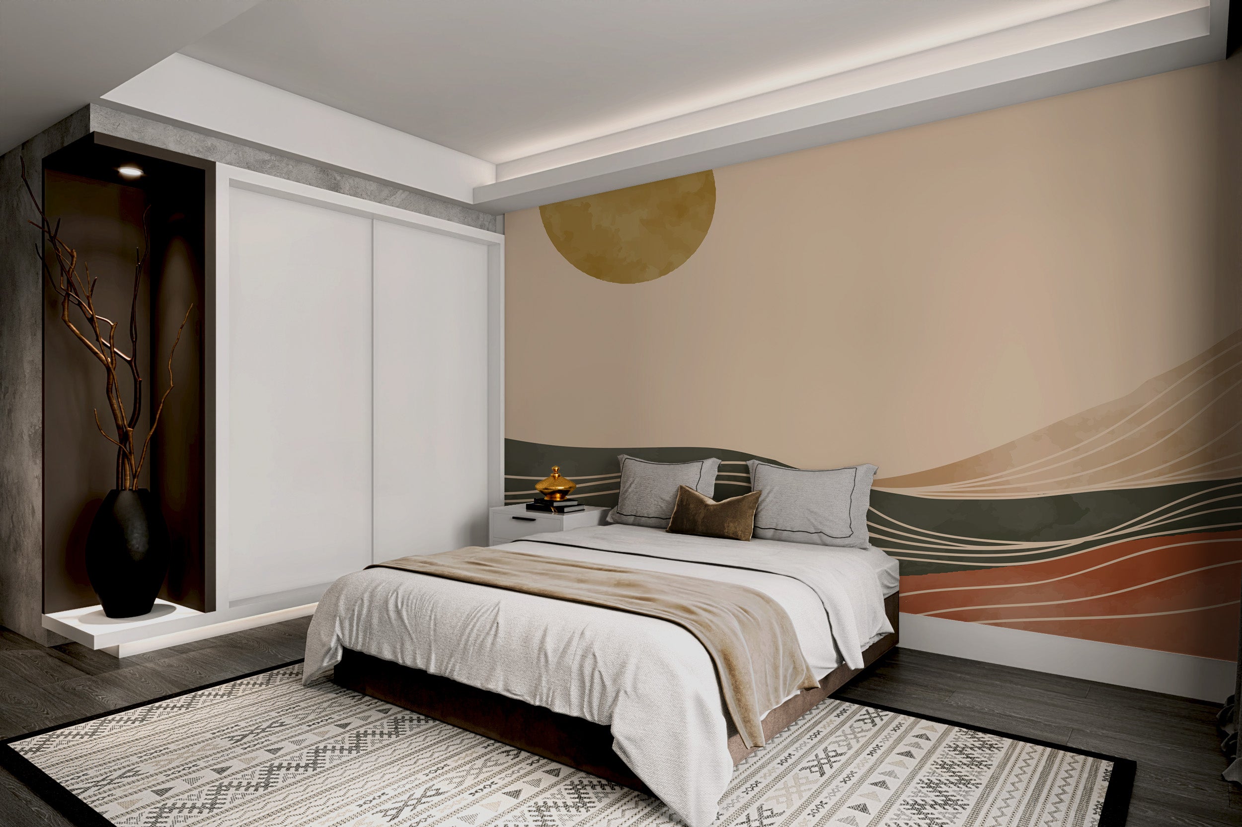 Minimalist sunrise wall mural in warm tones
