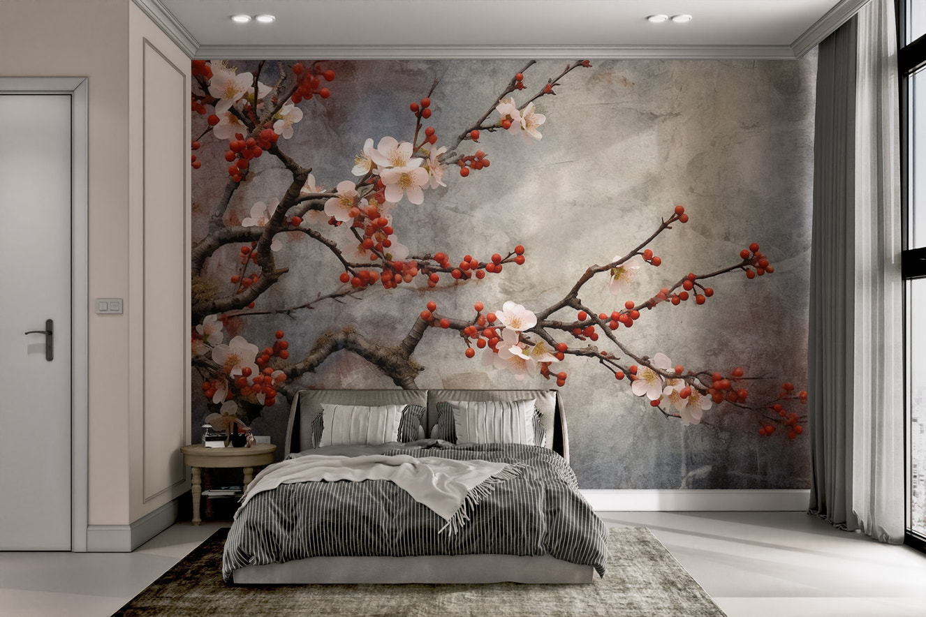 Japanese floral wall mural in vintage tones
