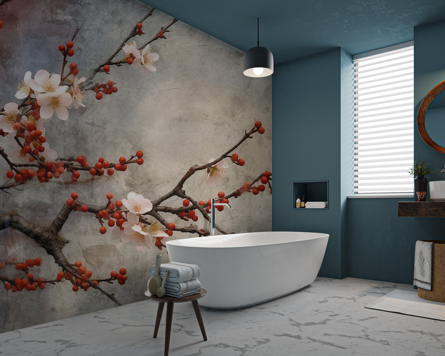 Plum blossom wallpaper with red berries
