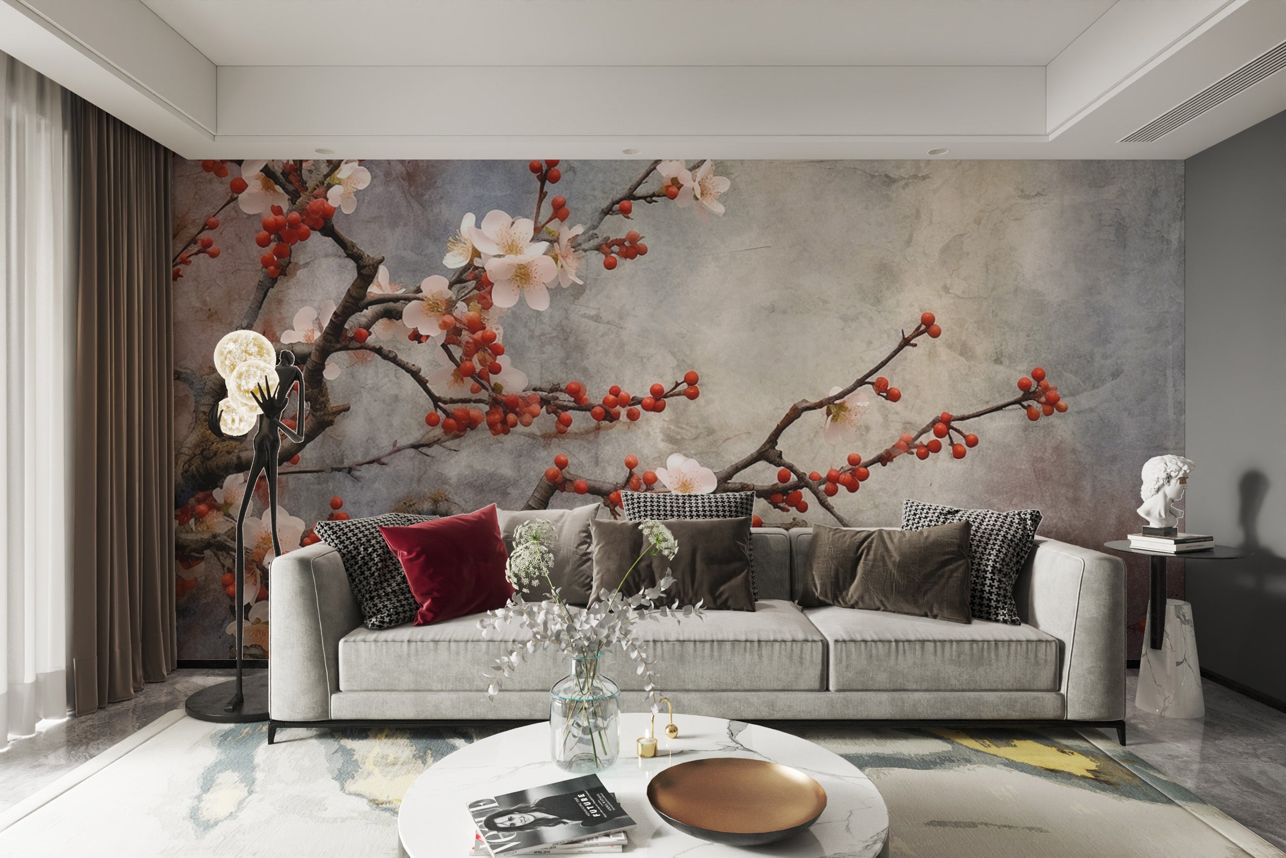 Botanical watercolor mural with sakura blooms
