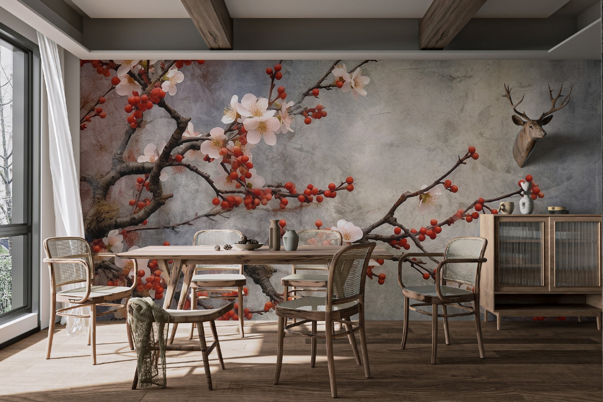 Asian-inspired cherry blossom wall design
