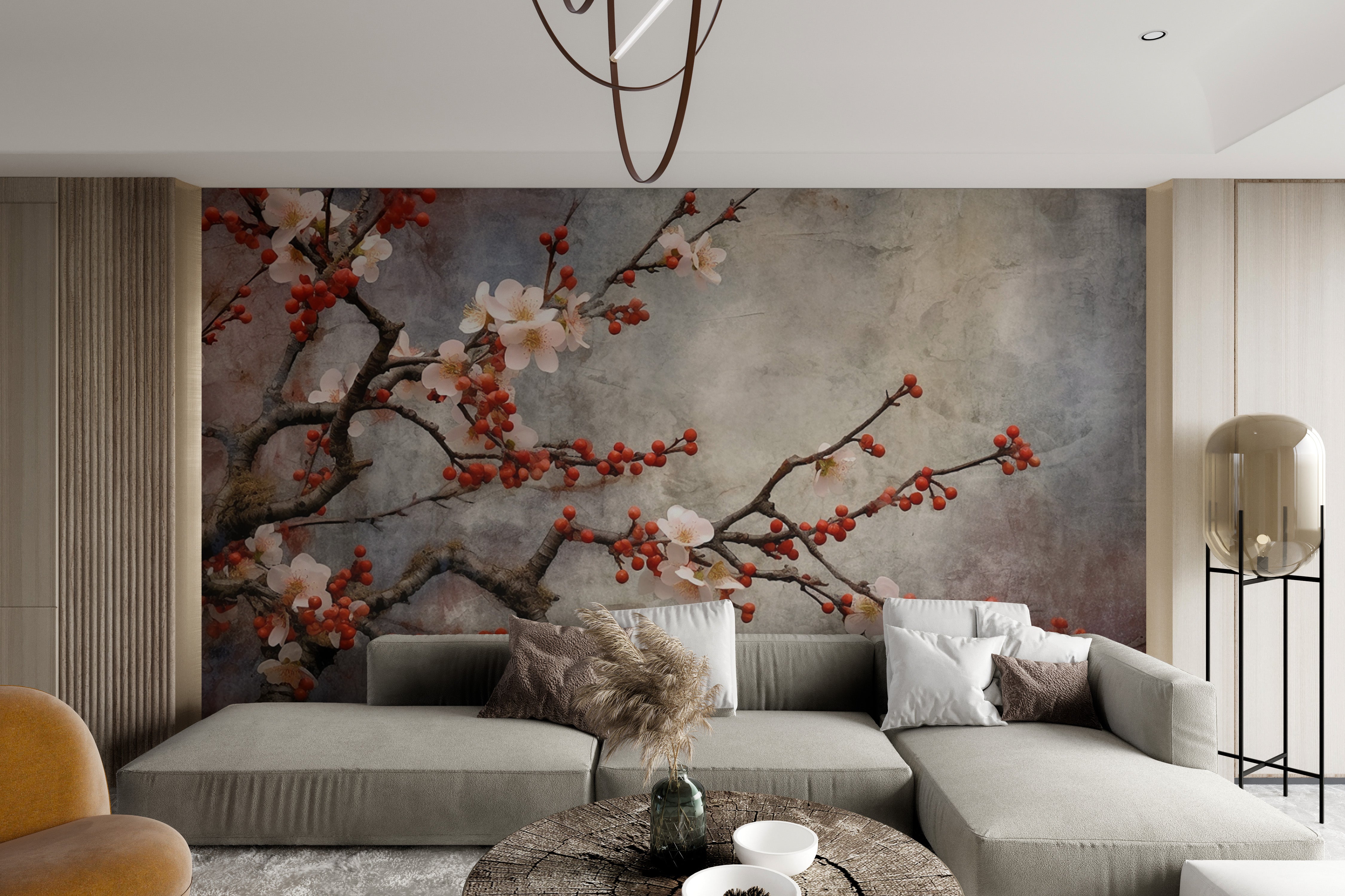 Cherry blossom branch wallpaper with soft petals
