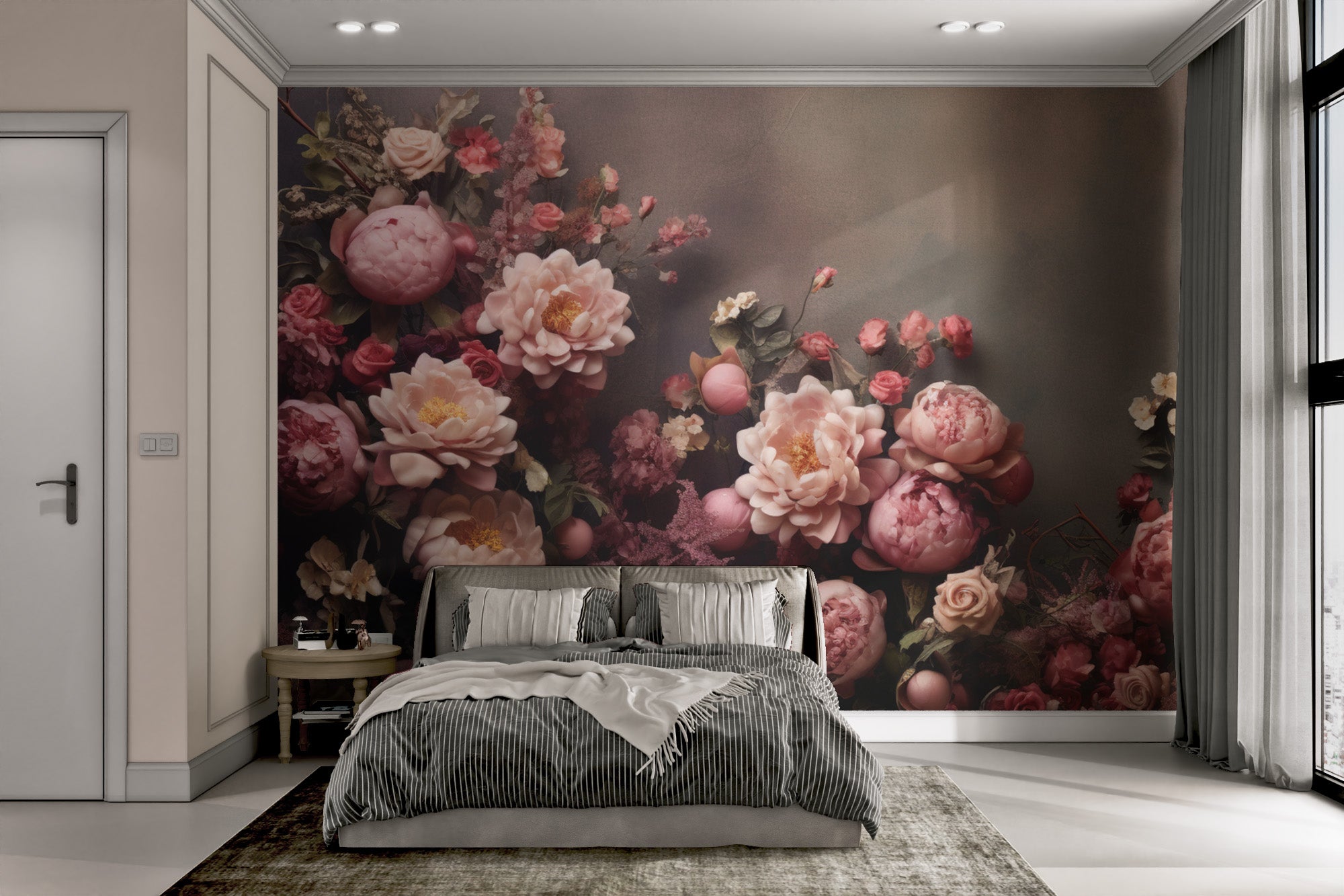 Luxury floral mural with pink and burgundy blooms
