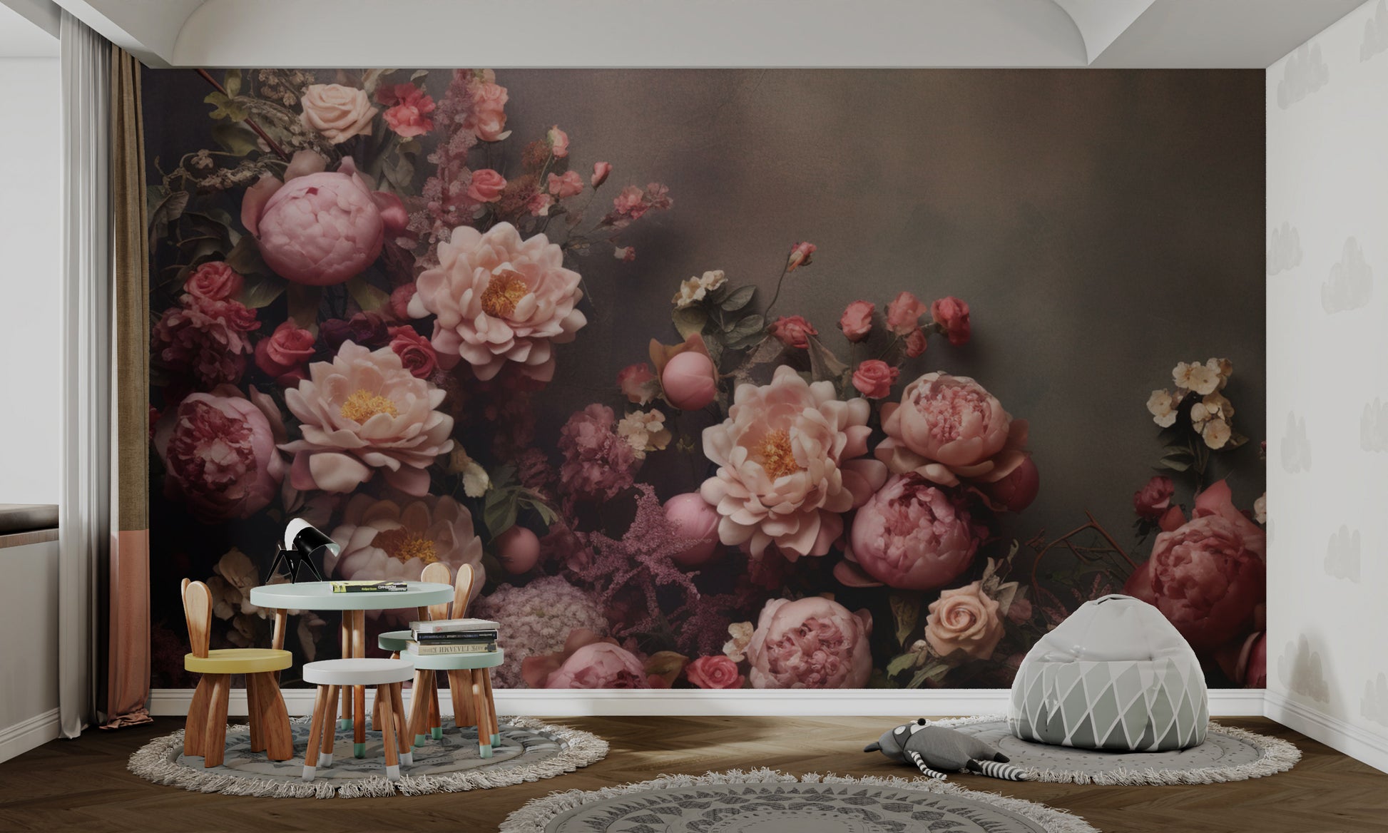 Dramatic floral wall mural with lush blossoms
