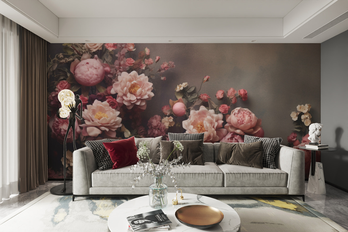 Vintage peony floral wallpaper with deep tones
