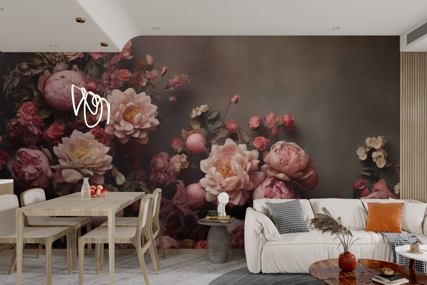 Moody botanical wall mural with soft pink roses
