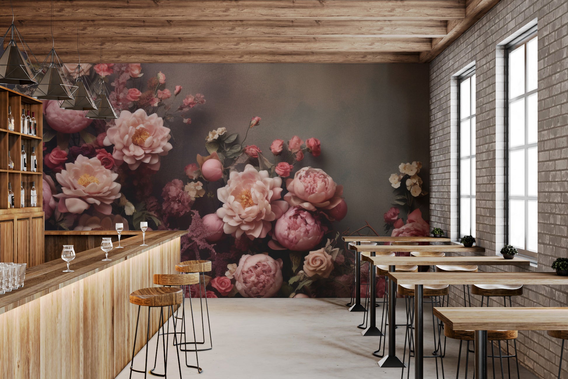 Romantic peony bloom wallpaper in baroque style
