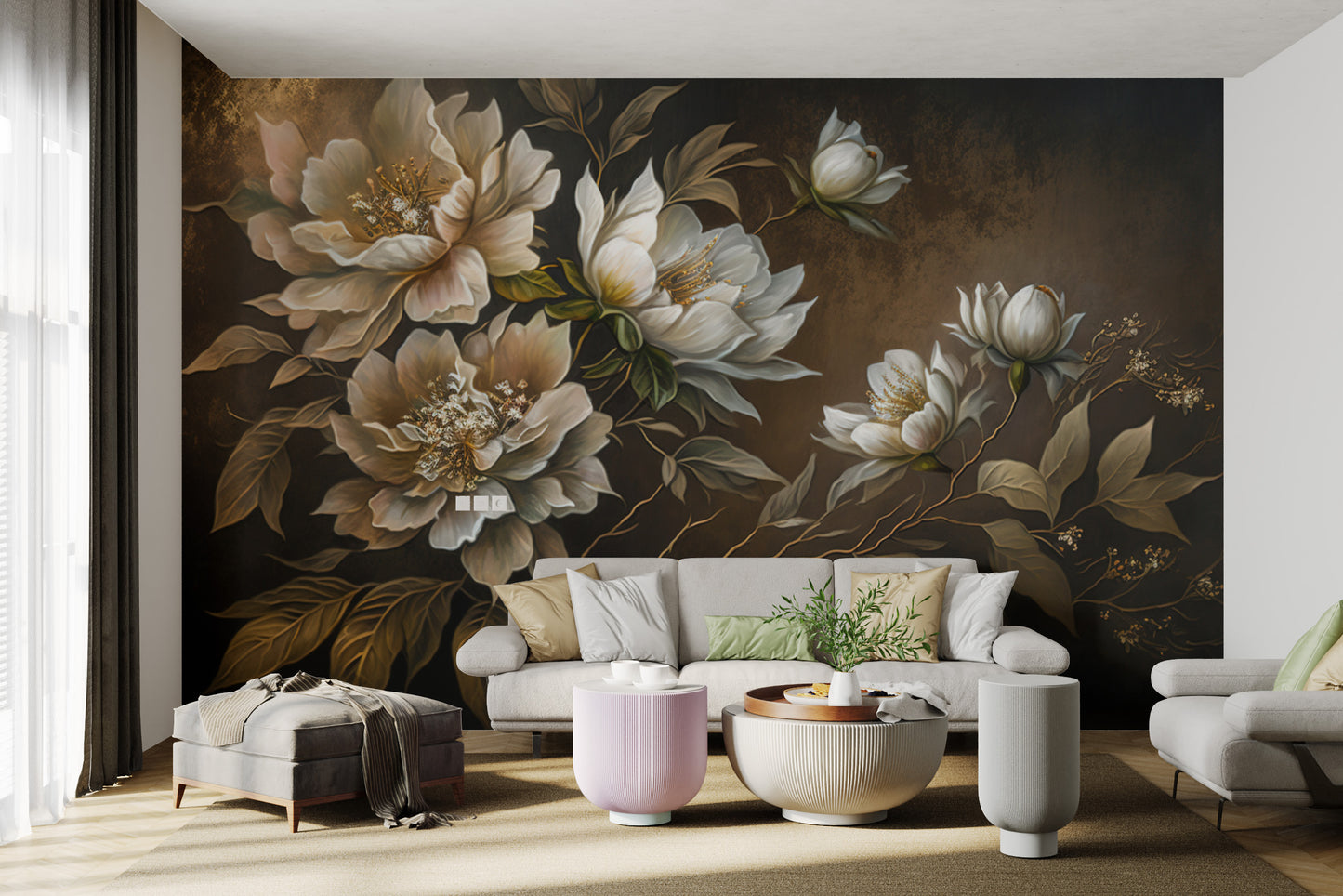 Golden peony floral wallpaper with deep tones
