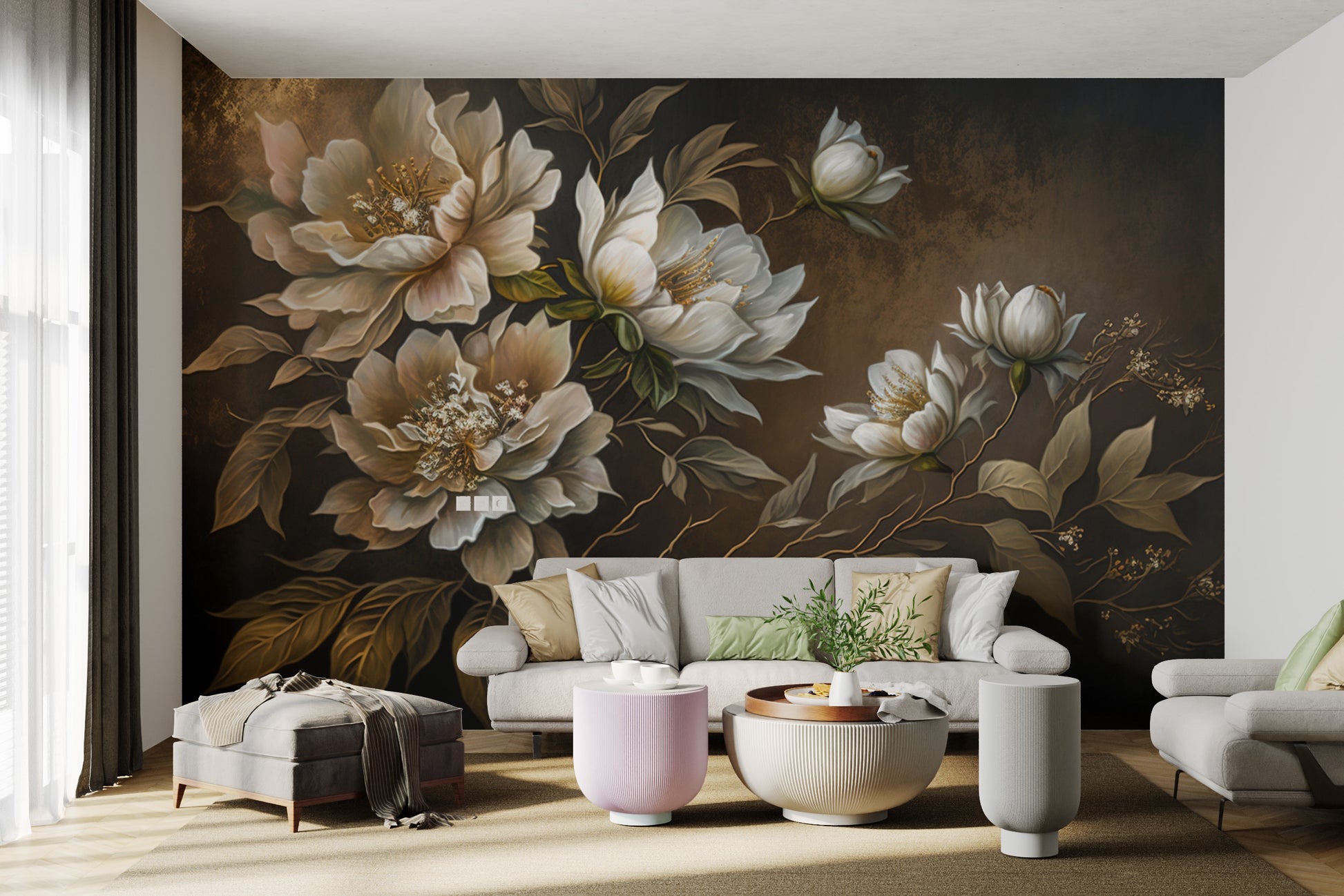 Golden peony floral wallpaper with deep tones
