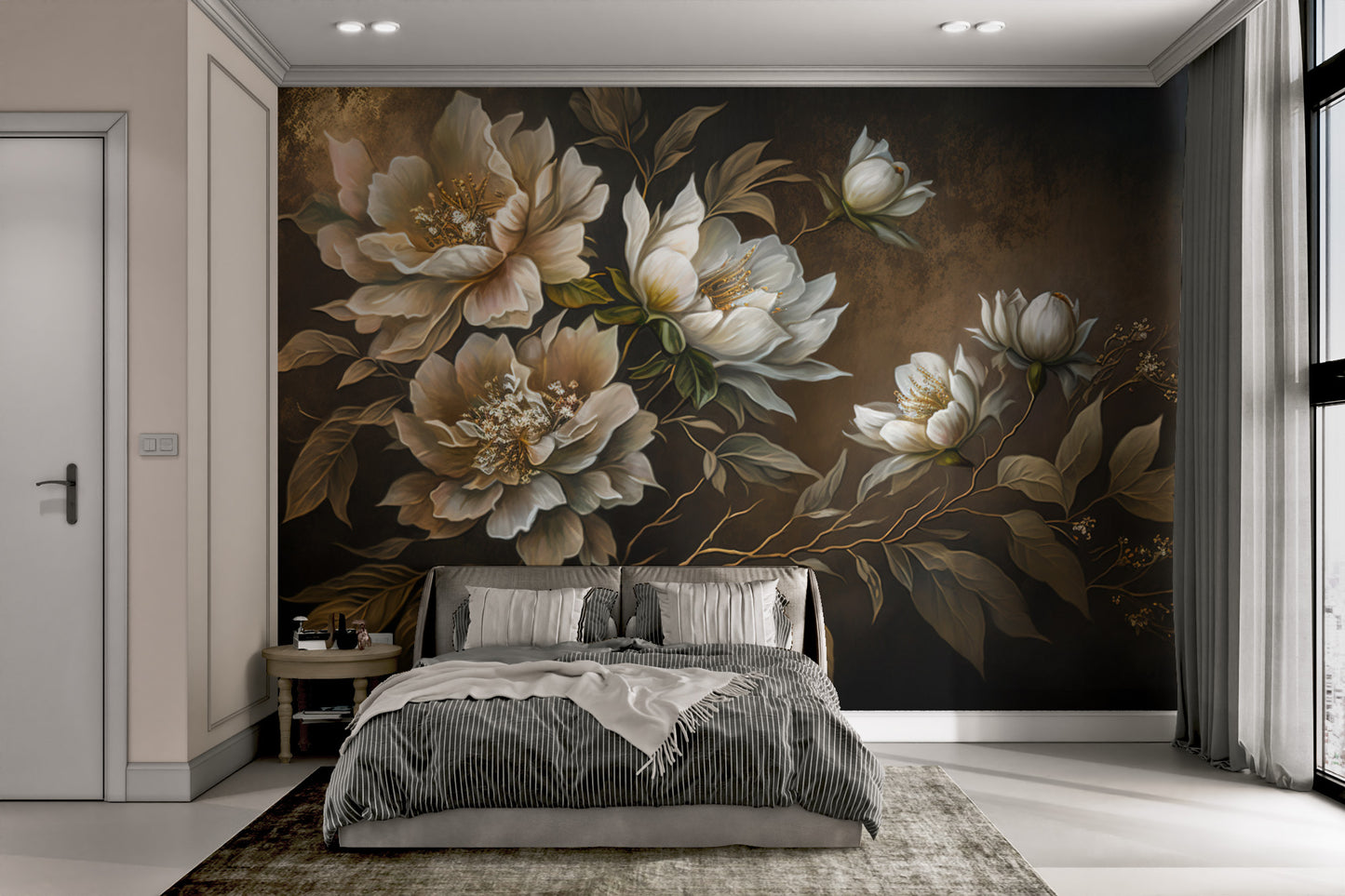 Luxury botanical wall mural with golden flowers
