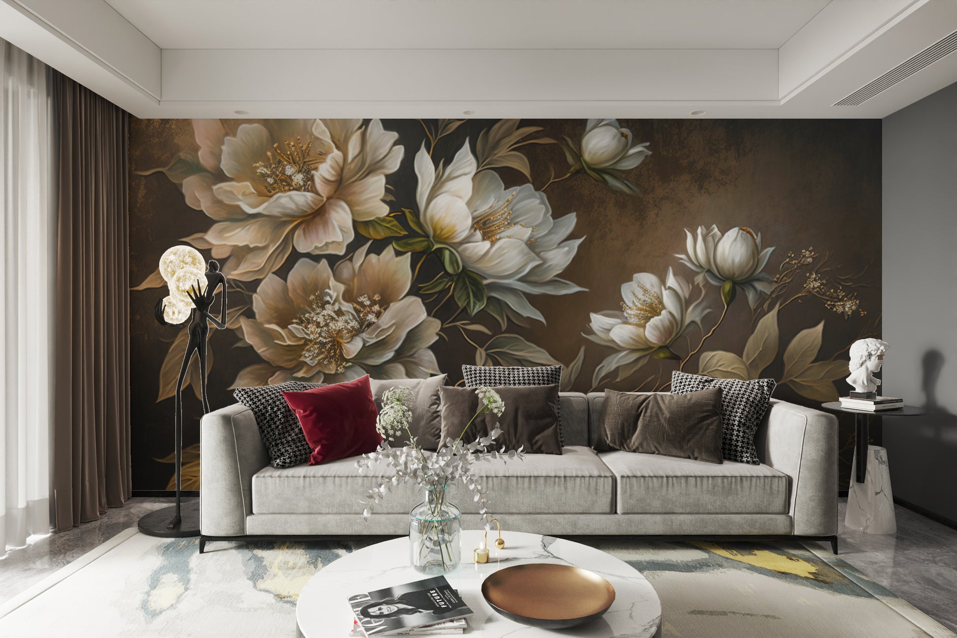 Dark floral wallpaper with vintage peonies
