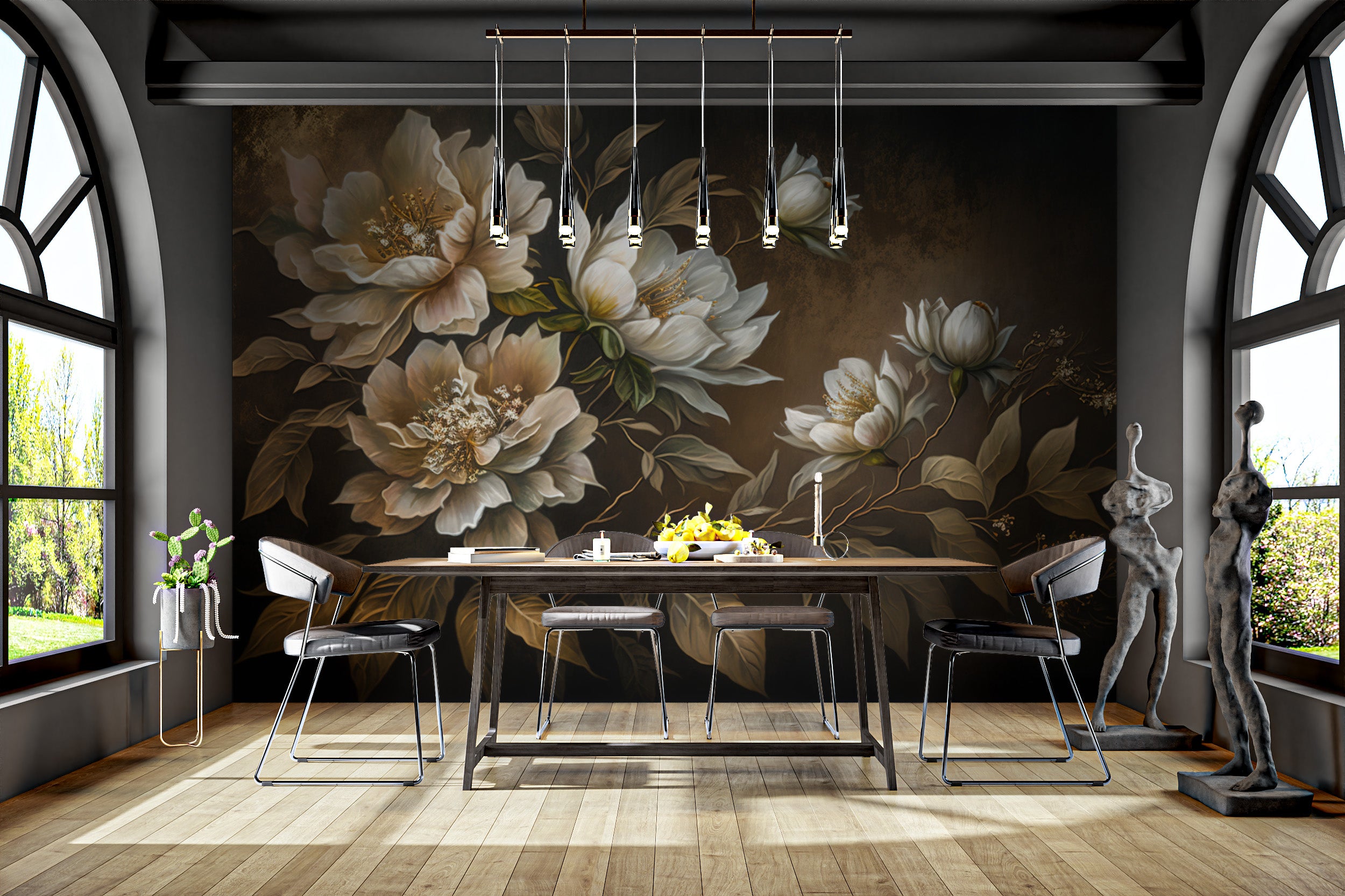 Elegant peony blossom wall mural in gold hues
