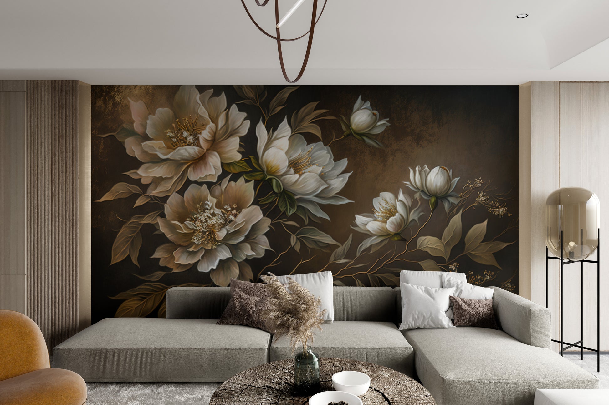 Romantic botanical wallpaper with gold and ivory peonies
