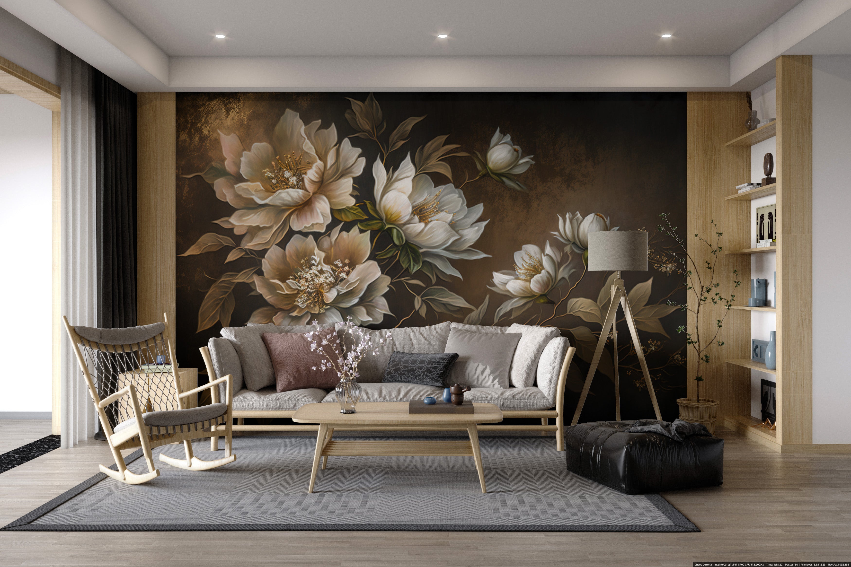 Deep-toned floral mural for luxury interiors
