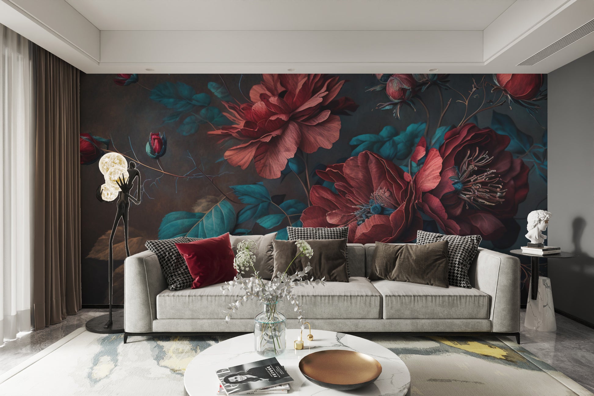 Dark floral mural with vintage rose blossoms
