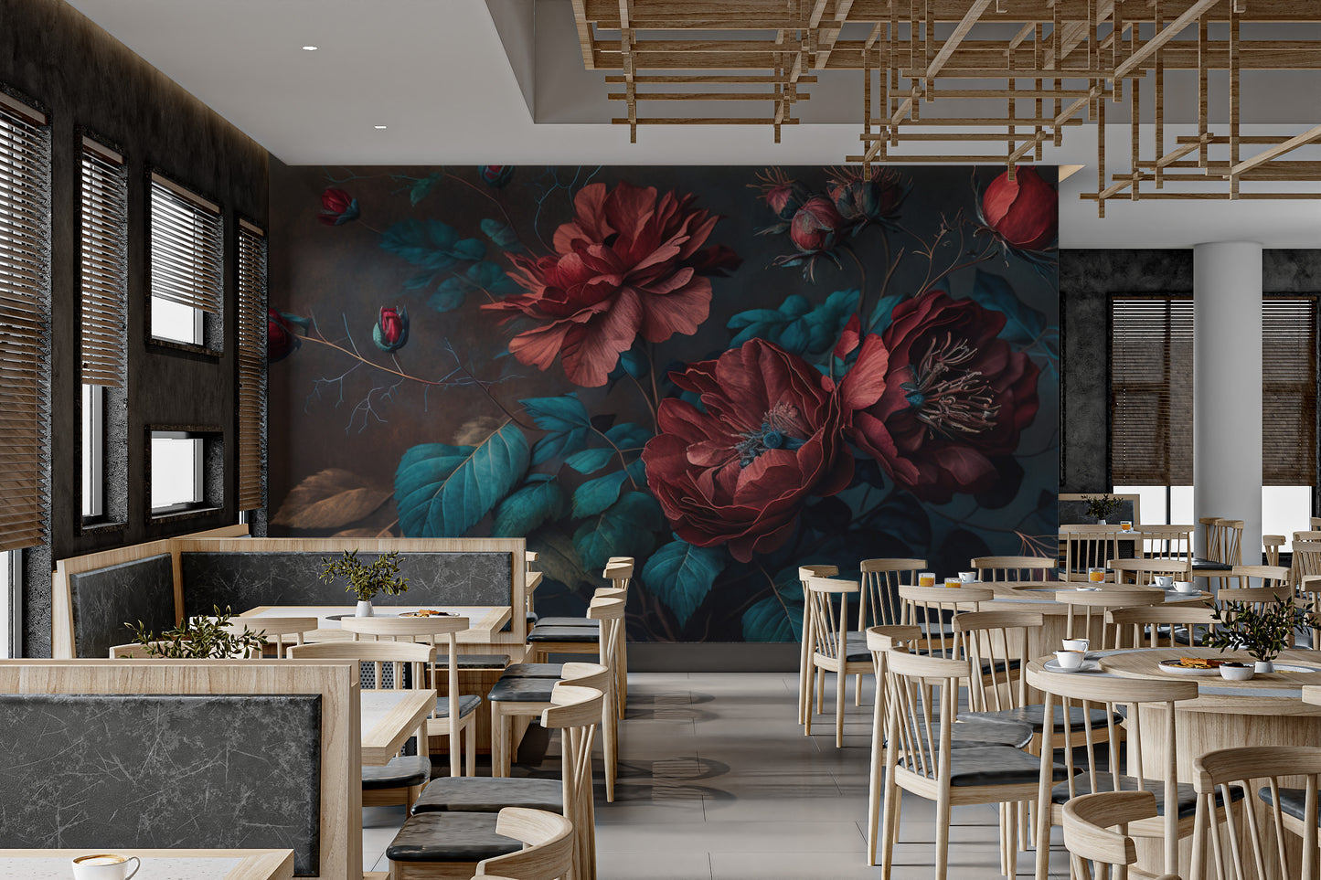 Luxury botanical wallpaper with dramatic red flowers
