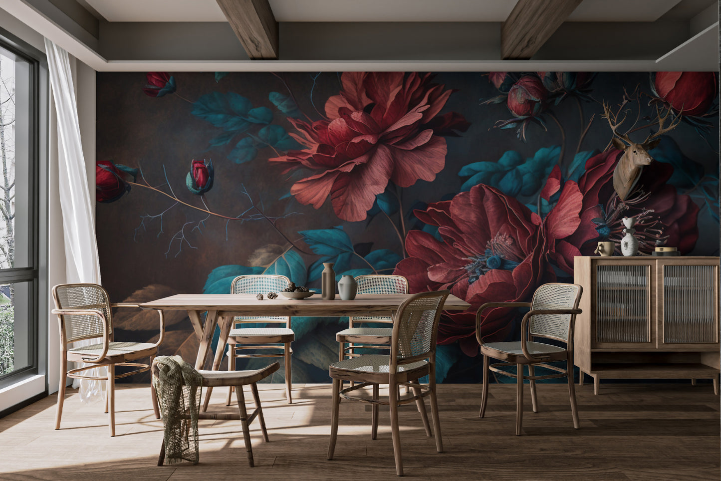 Baroque-inspired floral wallpaper with deep tones
