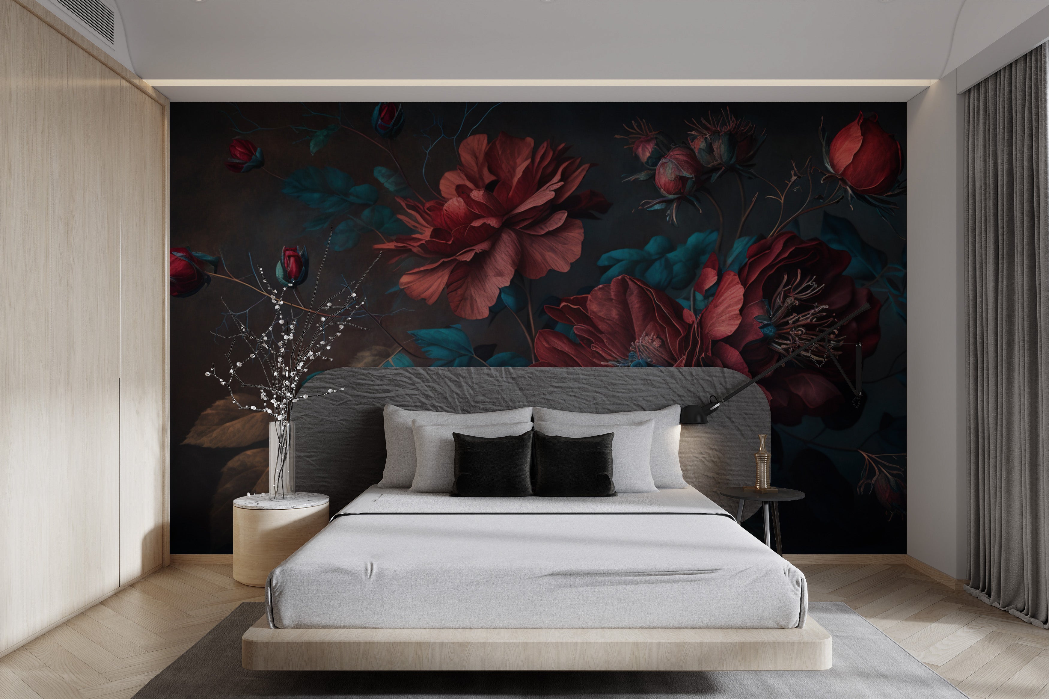 Hand-painted botanical wall mural in moody tones
