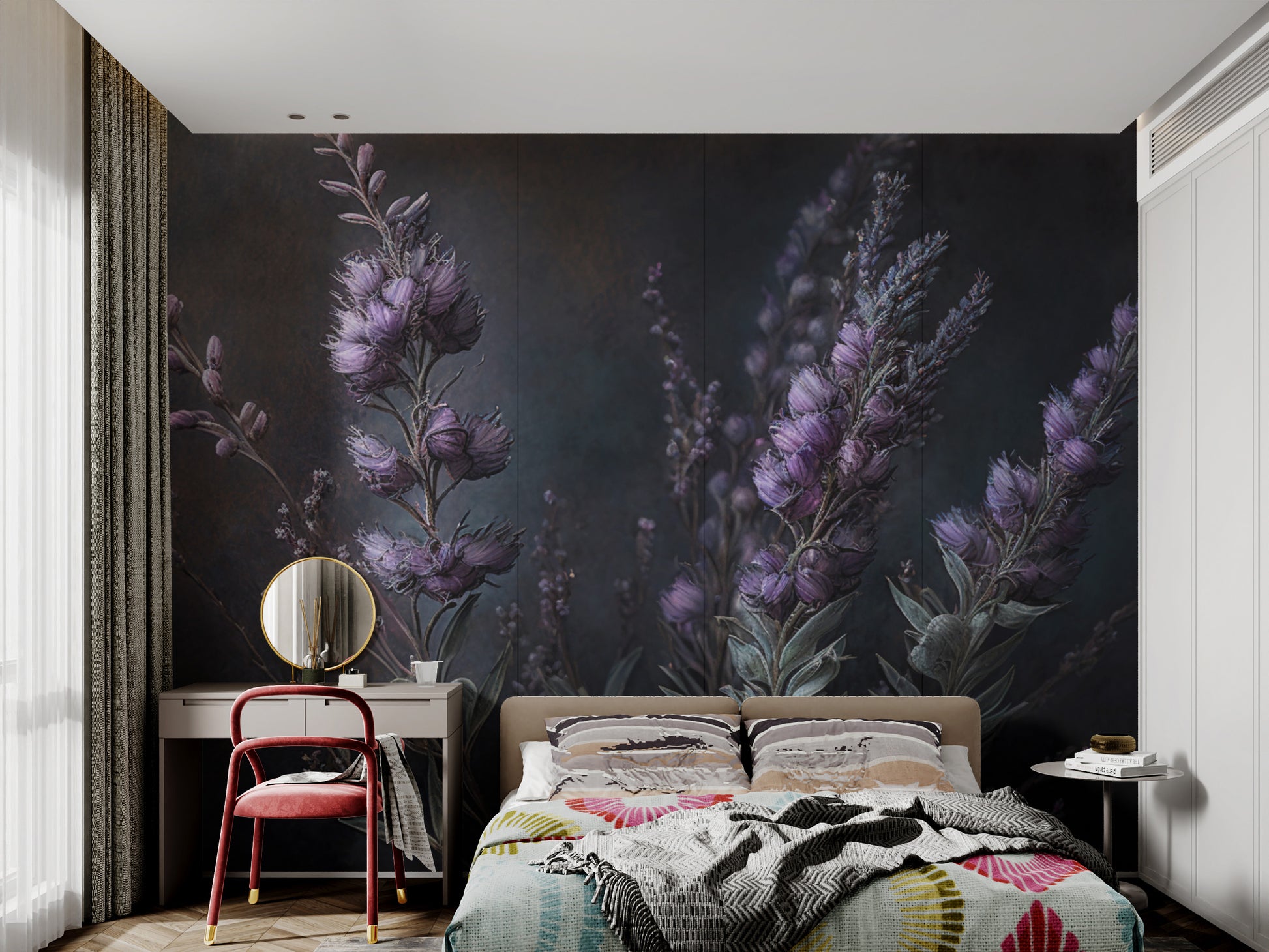 Deep-toned floral wallpaper with hand-painted details
