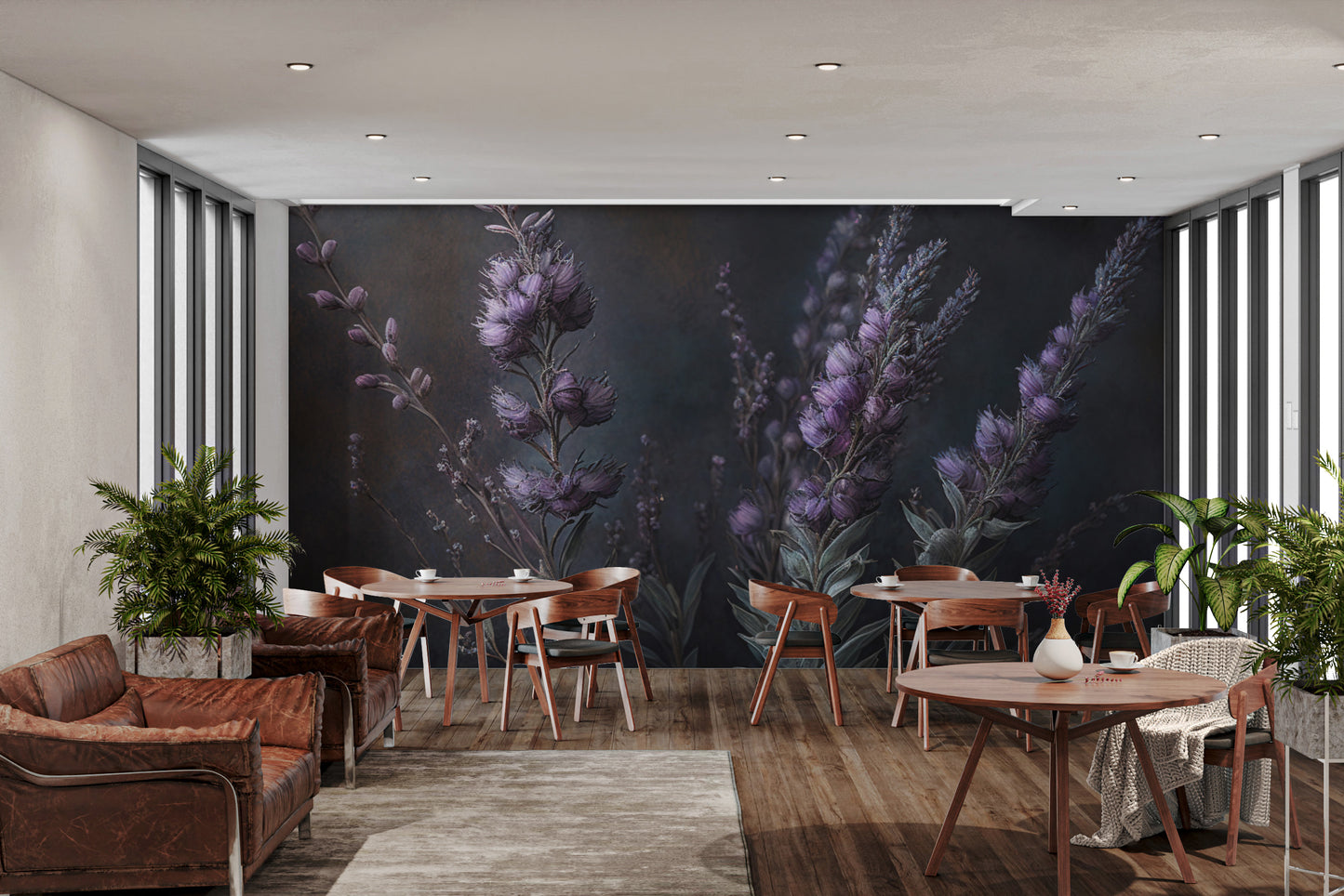 Romantic botanical wall design with lavender flowers
